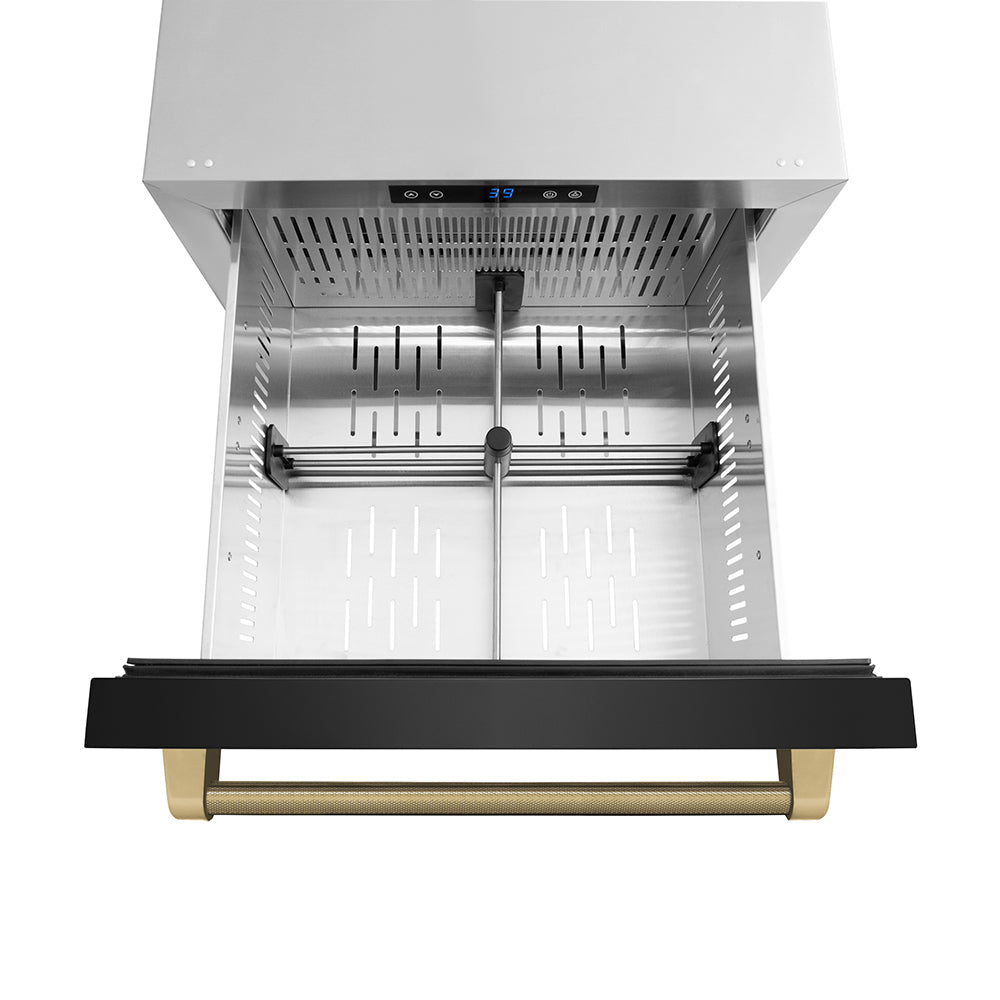 ZLINE Autograph Edition 24 in. Touchstone 168 Can Outdoor-Rated Dual Refrigerator Drawer with Black Stainless Steel Doors and Champagne Bronze Helix Handles (RDSOZ-BS-24-KCB)