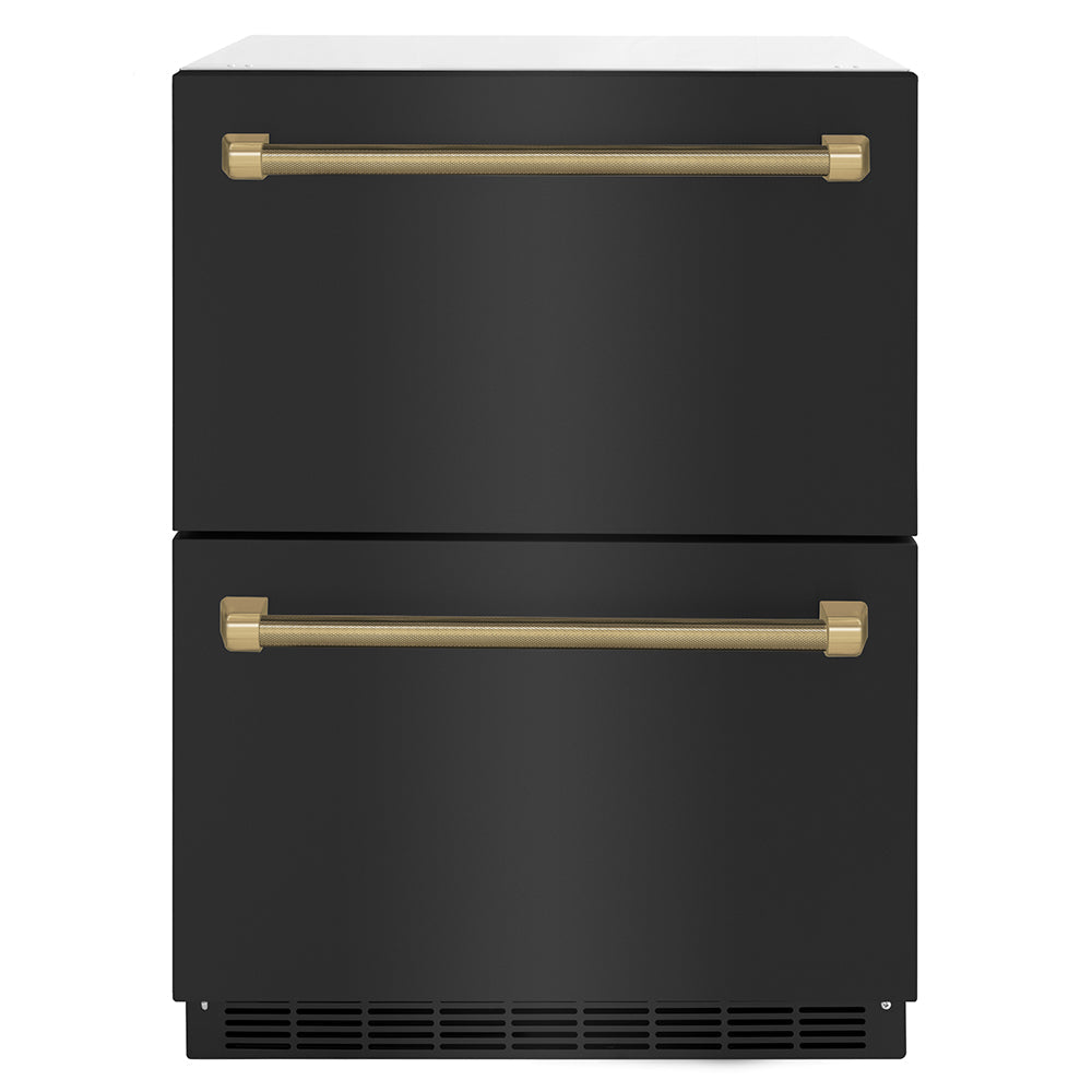 ZLINE Autograph Edition 24 in. Touchstone 168 Can Outdoor-Rated Dual Refrigerator Drawer with Black Stainless Steel Doors and Champagne Bronze Helix Handles (RDSOZ-BS-24-KCB)