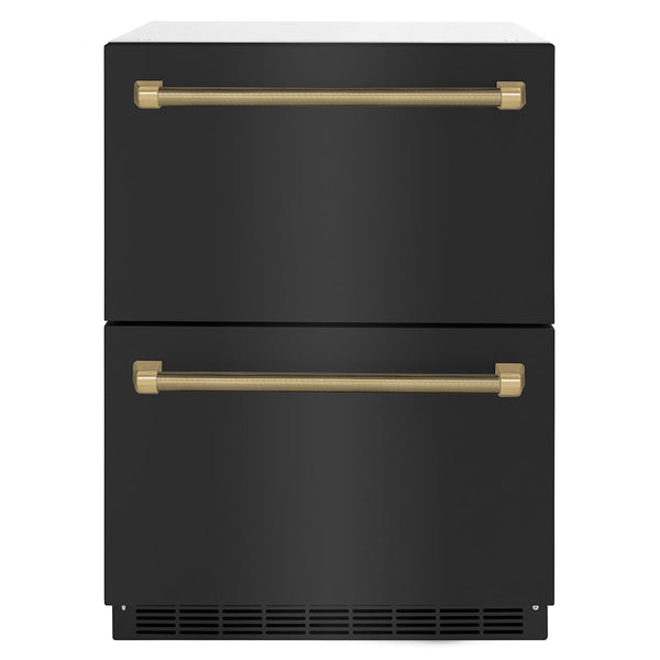 ZLINE Autograph Edition 24 in. Touchstone 168 Can Outdoor-Rated Dual Refrigerator Drawer with Black Stainless Steel Doors and Champagne Bronze Helix Handles (RDSOZ-BS-24-KCB)