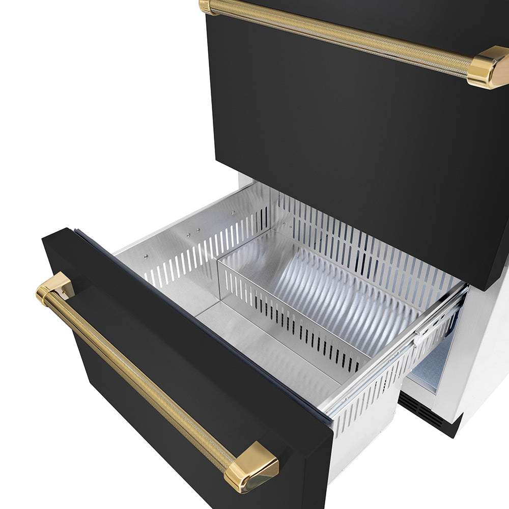 ZLINE Autograph Edition 24 in. Touchstone 168 Can Outdoor-Rated Dual Refrigerator Drawer with Black Stainless Steel Doors and Polished Gold Helix Handles (RDSOZ-BS-24-KG)