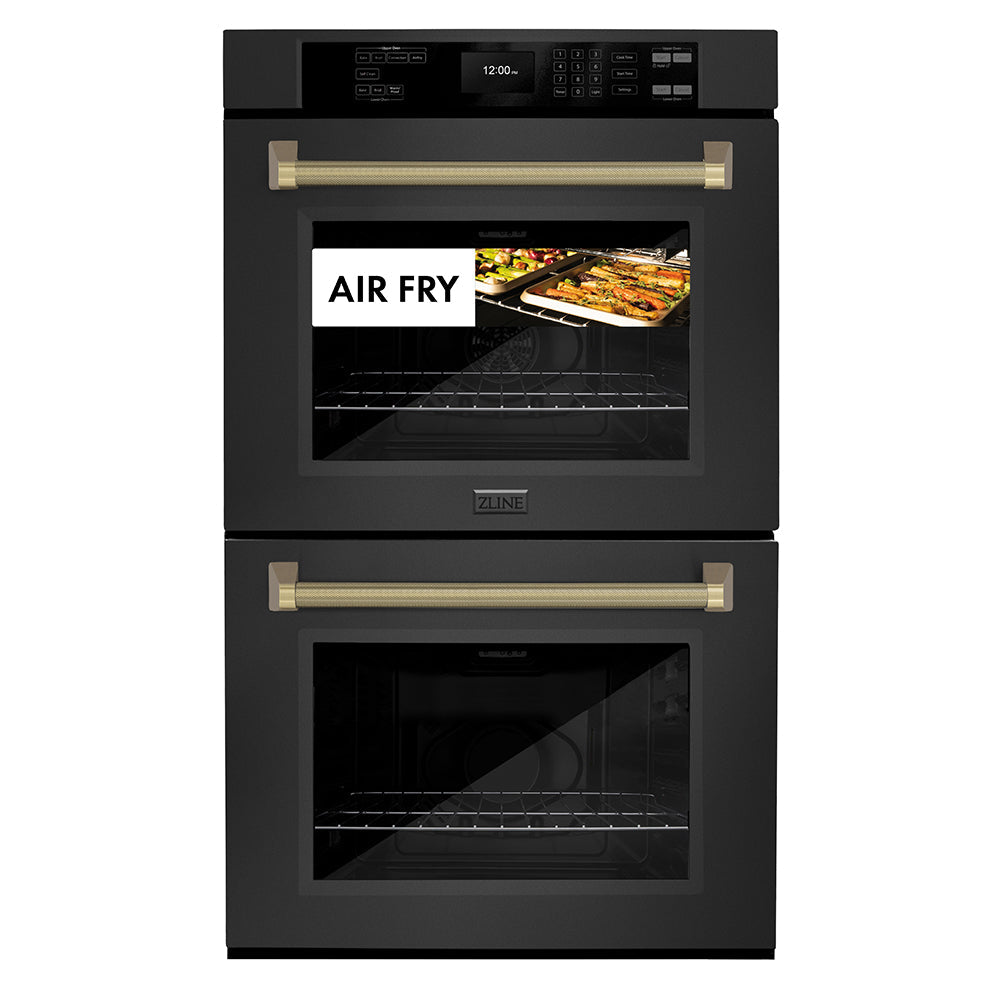 ZLINE Autograph Edition 30 in. Professional True Convection Double Wall Oven with Air Fry and Self Clean in Black Stainless Steel with Champagne Bronze Helix Handles (WADBZ-30-KCB)