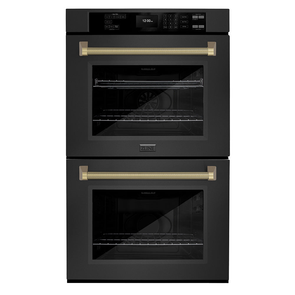 ZLINE Autograph Edition 30 in. Professional True Convection Double Wall Oven with Air Fry and Self Clean in Black Stainless Steel with Champagne Bronze Helix Handles (WADBZ-30-KCB)