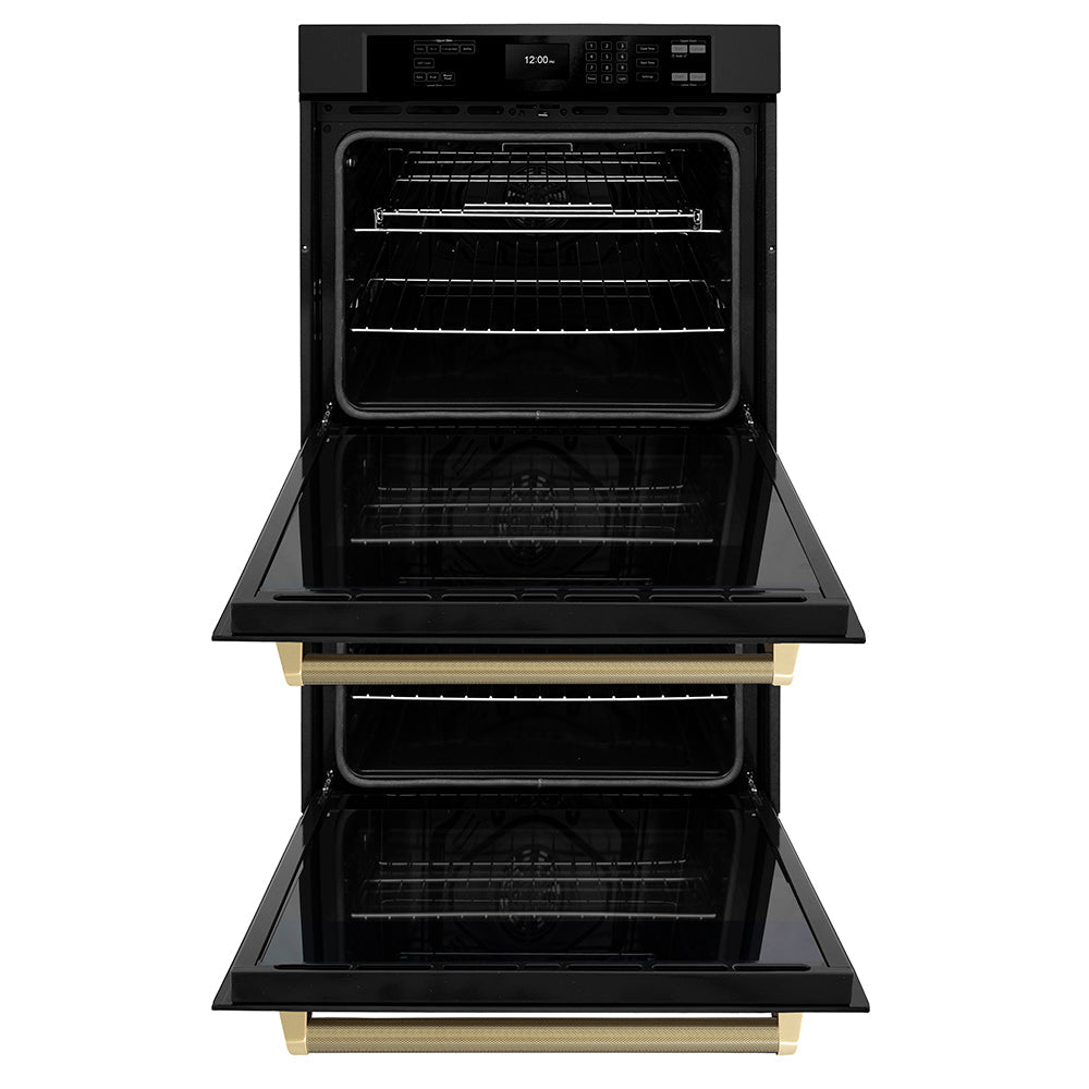 ZLINE Autograph Edition 30 in. Professional True Convection Double Wall Oven with Air Fry and Self Clean in Black Stainless Steel with Champagne Bronze Helix Handles (WADBZ-30-KCB)