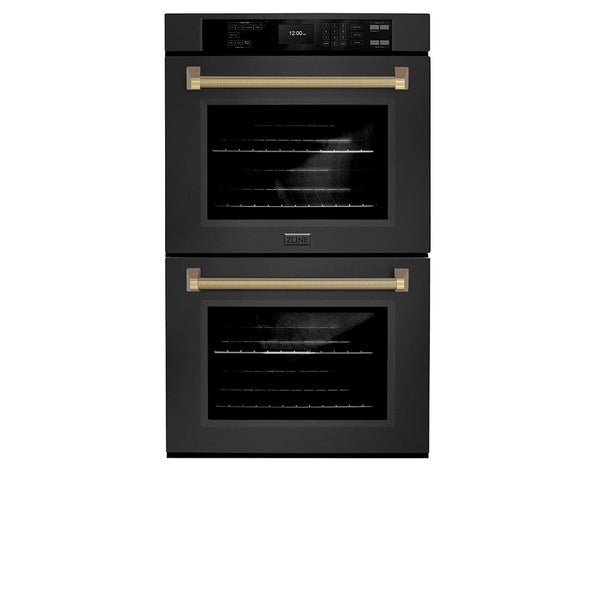 ZLINE Autograph Edition 30 in. Professional True Convection Double Wall Oven with Air Fry and Self Clean in Black Stainless Steel with Champagne Bronze Helix Handles (WADBZ-30-KCB)