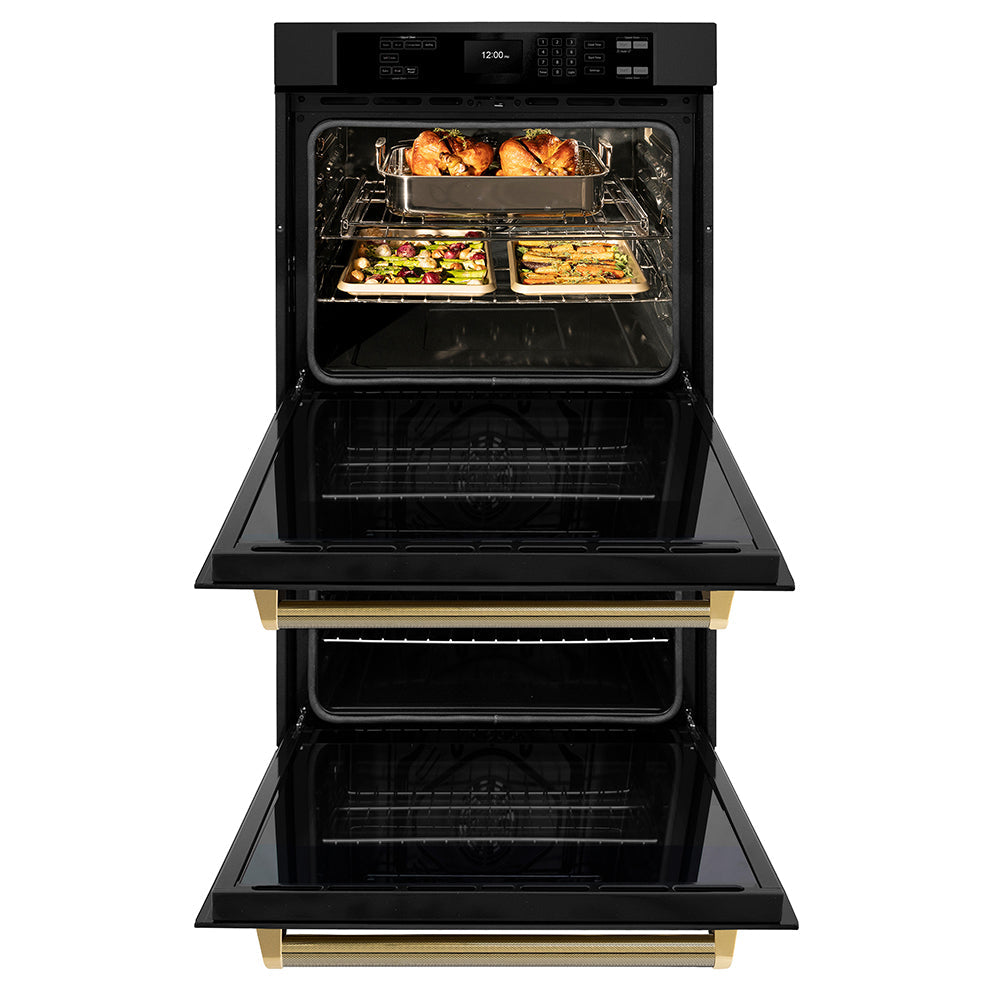 ZLINE Autograph Edition 30 in. Professional True Convection Double Wall Oven with Air Fry and Self Clean in Black Stainless Steel with Polished Gold Helix Handles (WADBZ-30-KG)