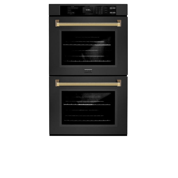 ZLINE Autograph Edition 30 in. Professional True Convection Double Wall Oven with Air Fry and Self Clean in Black Stainless Steel with Polished Gold Helix Handles (WADBZ-30-KG)