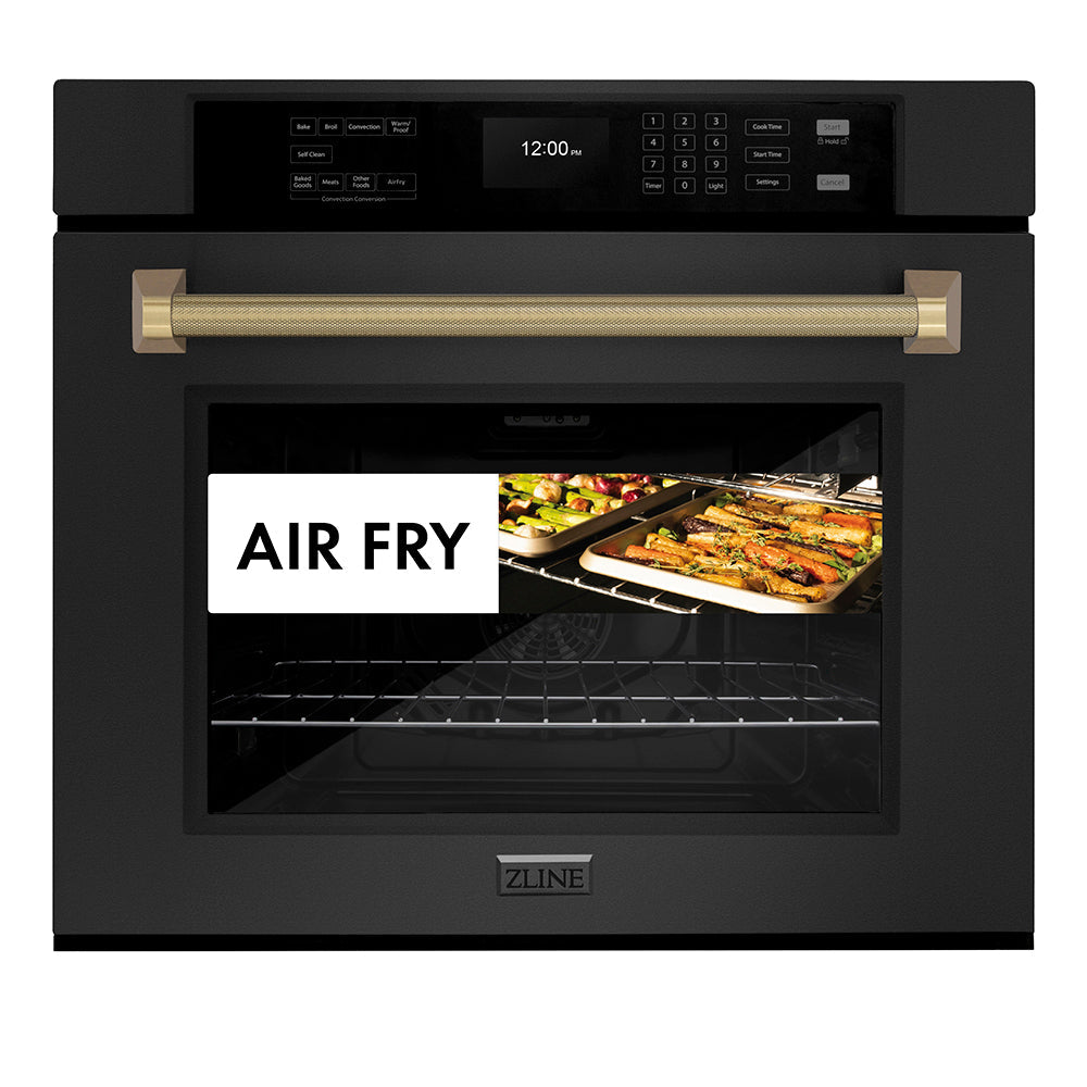 ZLINE Autograph Edition 30 in. Professional True Convection Single Wall Oven with Air Fry and Self Clean in Black Stainless Steel with Champagne Bronze Helix Handle (WASBZ-30-KCB)
