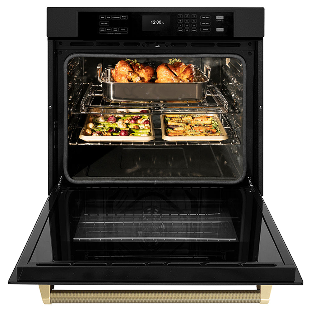 ZLINE Autograph Edition 30 in. Professional True Convection Single Wall Oven with Air Fry and Self Clean in Black Stainless Steel with Champagne Bronze Helix Handle (WASBZ-30-KCB)