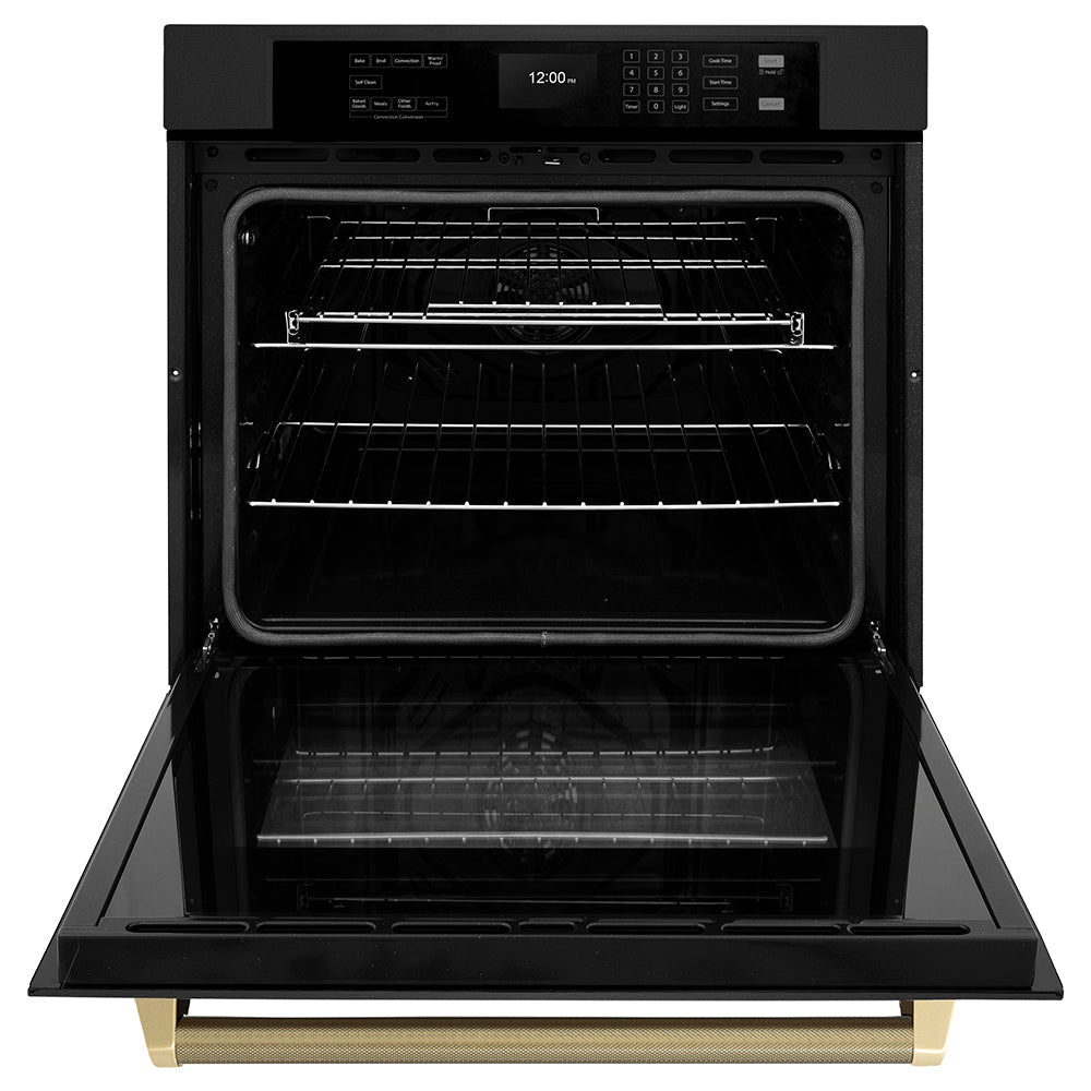 ZLINE Autograph Edition 30 in. Professional True Convection Single Wall Oven with Air Fry and Self Clean in Black Stainless Steel with Champagne Bronze Helix Handle (WASBZ-30-KCB)