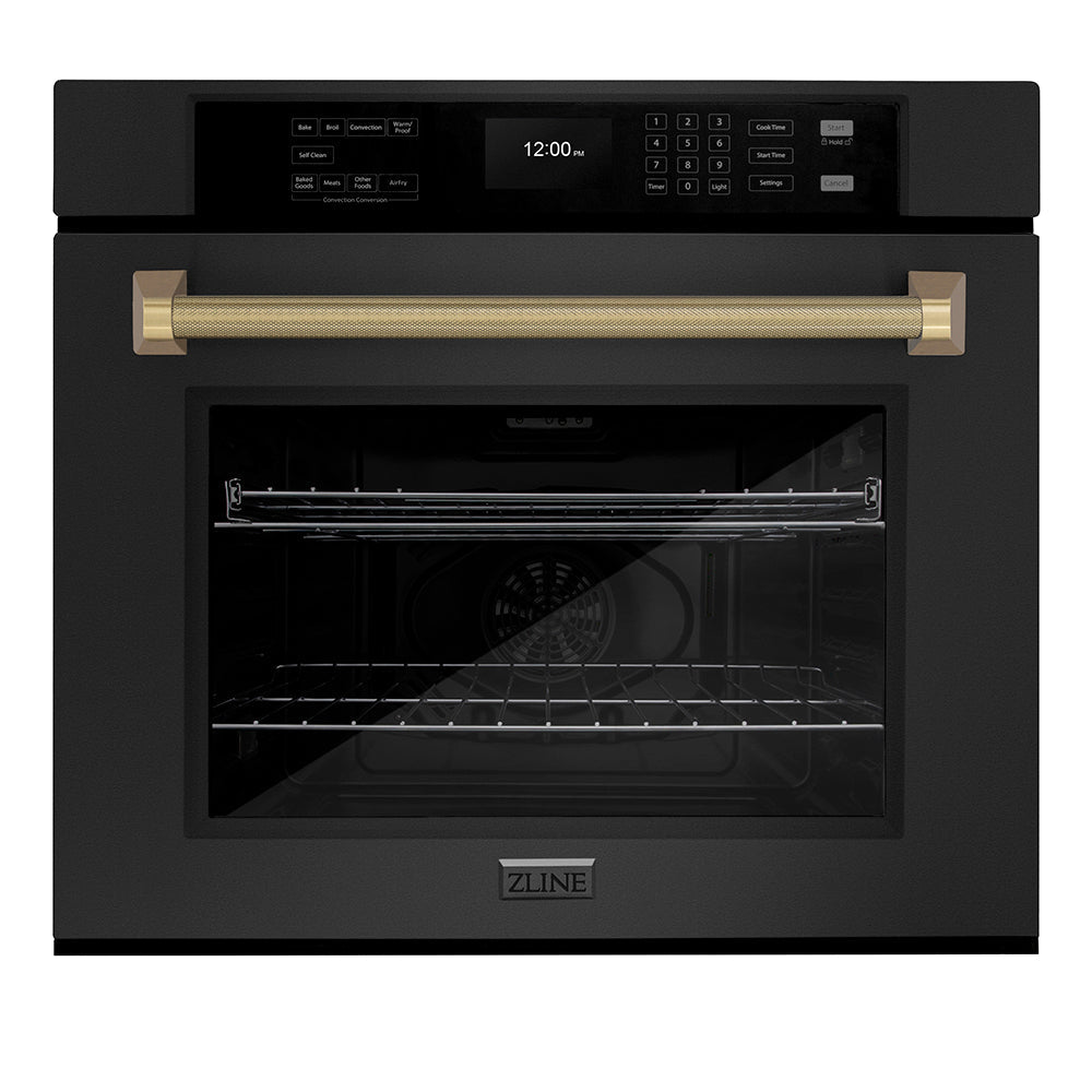 ZLINE Autograph Edition 30 in. Professional True Convection Single Wall Oven with Air Fry and Self Clean in Black Stainless Steel with Champagne Bronze Helix Handle (WASBZ-30-KCB)