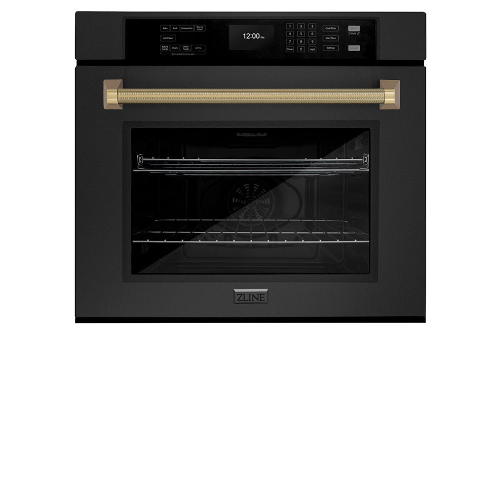 ZLINE Autograph Edition 30 in. Professional True Convection Single Wall Oven with Air Fry and Self Clean in Black Stainless Steel with Champagne Bronze Helix Handle (WASBZ-30-KCB)