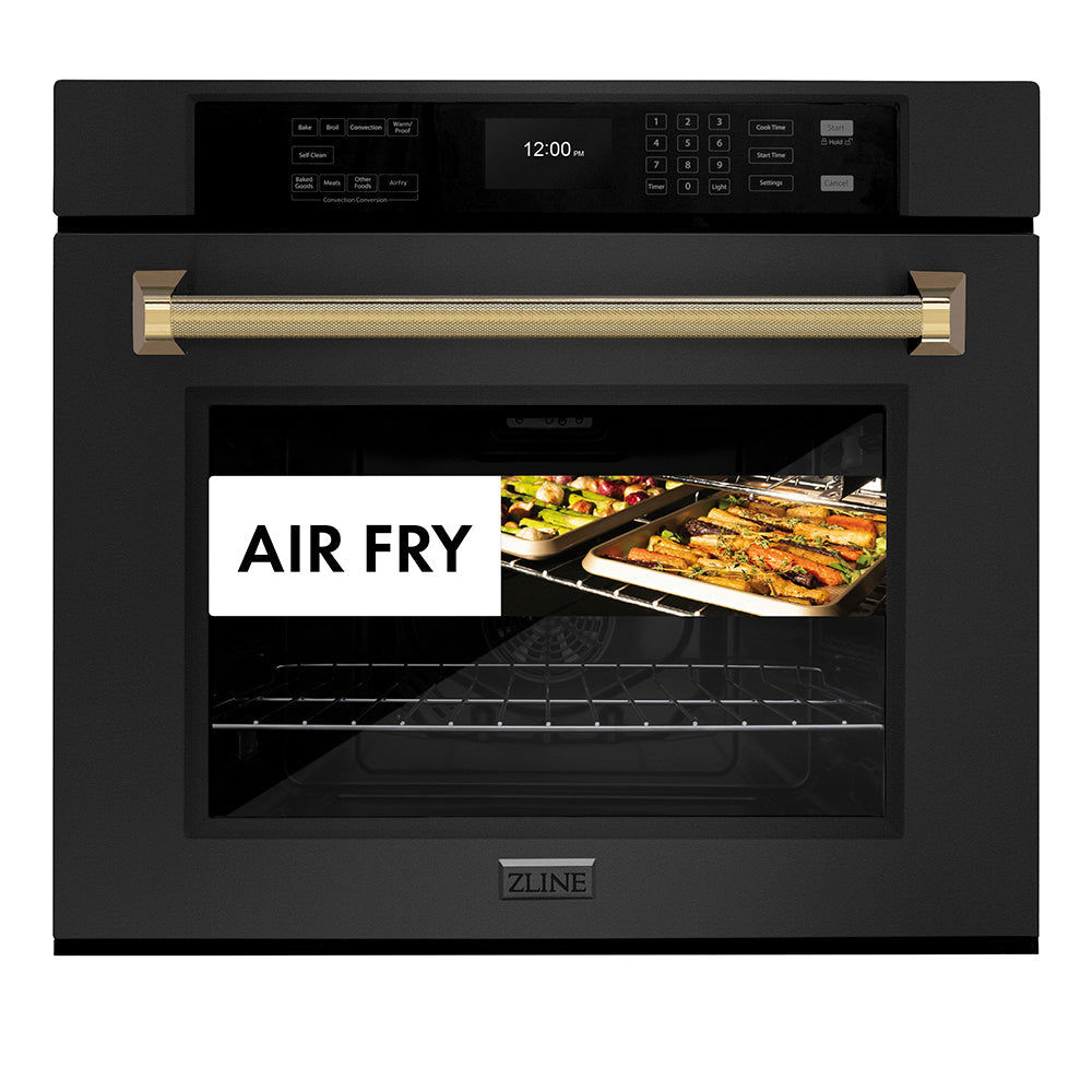 ZLINE Autograph Edition 30 in. Professional True Convection Single Wall Oven with Air Fry and Self Clean in Black Stainless Steel with Polished Gold Helix Handle (WASBZ-30-KG)