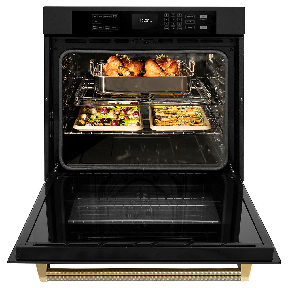 ZLINE Autograph Edition 30 in. Professional True Convection Single Wall Oven with Air Fry and Self Clean in Black Stainless Steel with Polished Gold Helix Handle (WASBZ-30-KG)