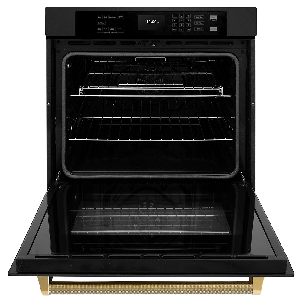 ZLINE Autograph Edition 30 in. Professional True Convection Single Wall Oven with Air Fry and Self Clean in Black Stainless Steel with Polished Gold Helix Handle (WASBZ-30-KG)