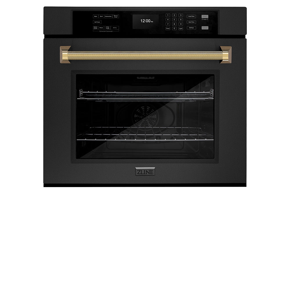 ZLINE Autograph Edition 30 in. Professional True Convection Single Wall Oven with Air Fry and Self Clean in Black Stainless Steel with Polished Gold Helix Handle (WASBZ-30-KG)