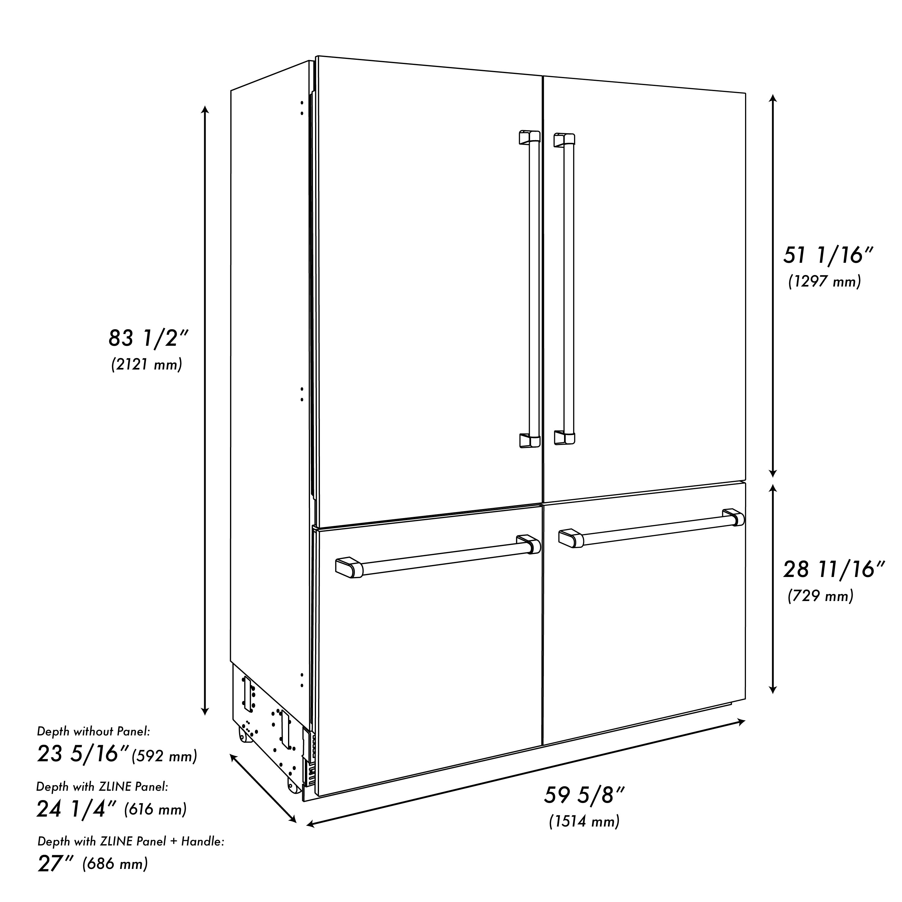 ZLINE Autograph Edition 60 in. 32.2 cu. ft. French Door Built-In Bottom Freezer Refrigerator with Water Dispenser and Ice Maker in Satin Stainless Steel with Matte Black Accents (RBIVZ-SN-60-MB)