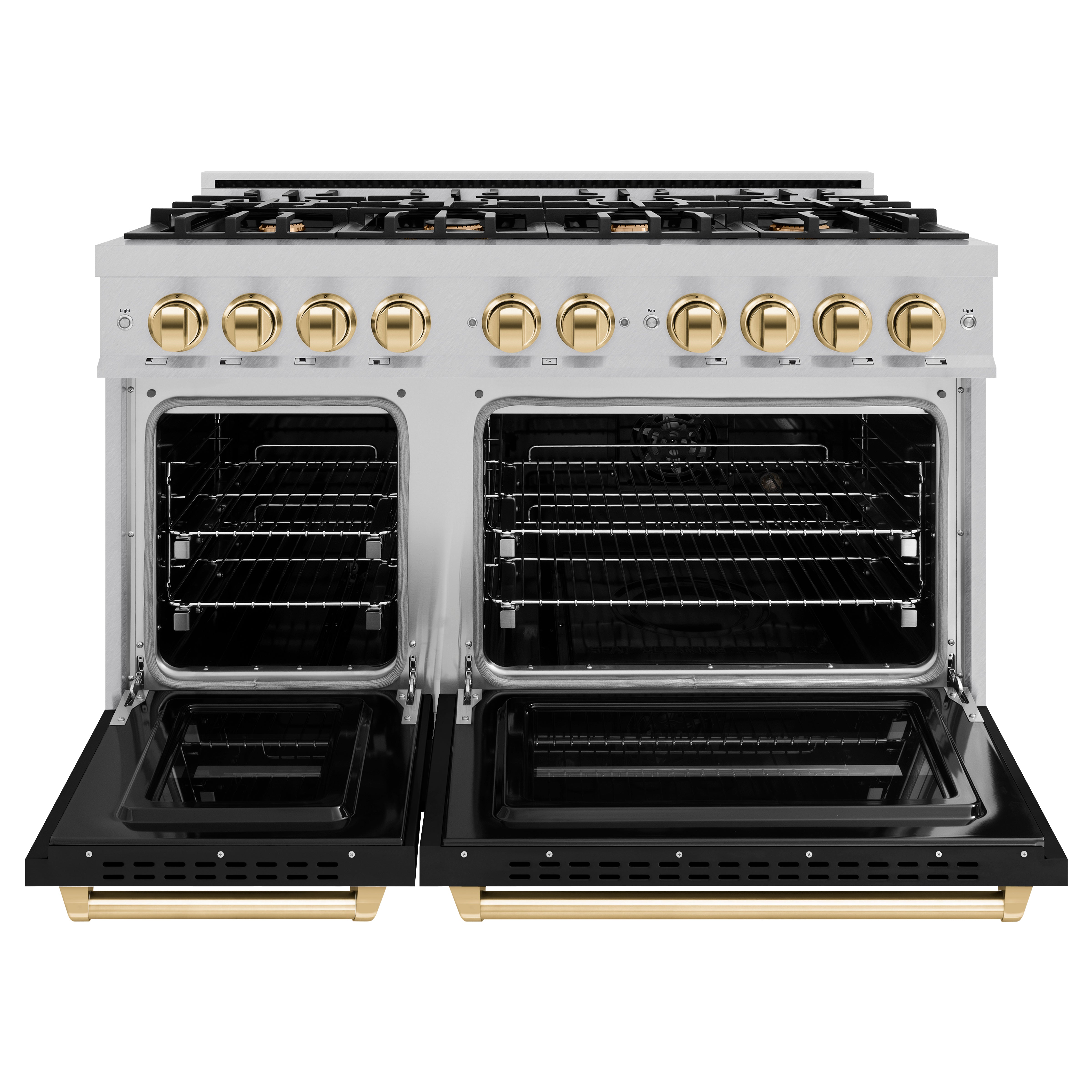 ZLINE Autograph Edition 48 in. 6.7 cu. ft. Classic Double Oven Dual Fuel Range with 8 Burner Gas Cooktop in Satin Stainless Steel with Black Matte Doors and Polished Gold Accents (CDRSZ-BLM-48-G)