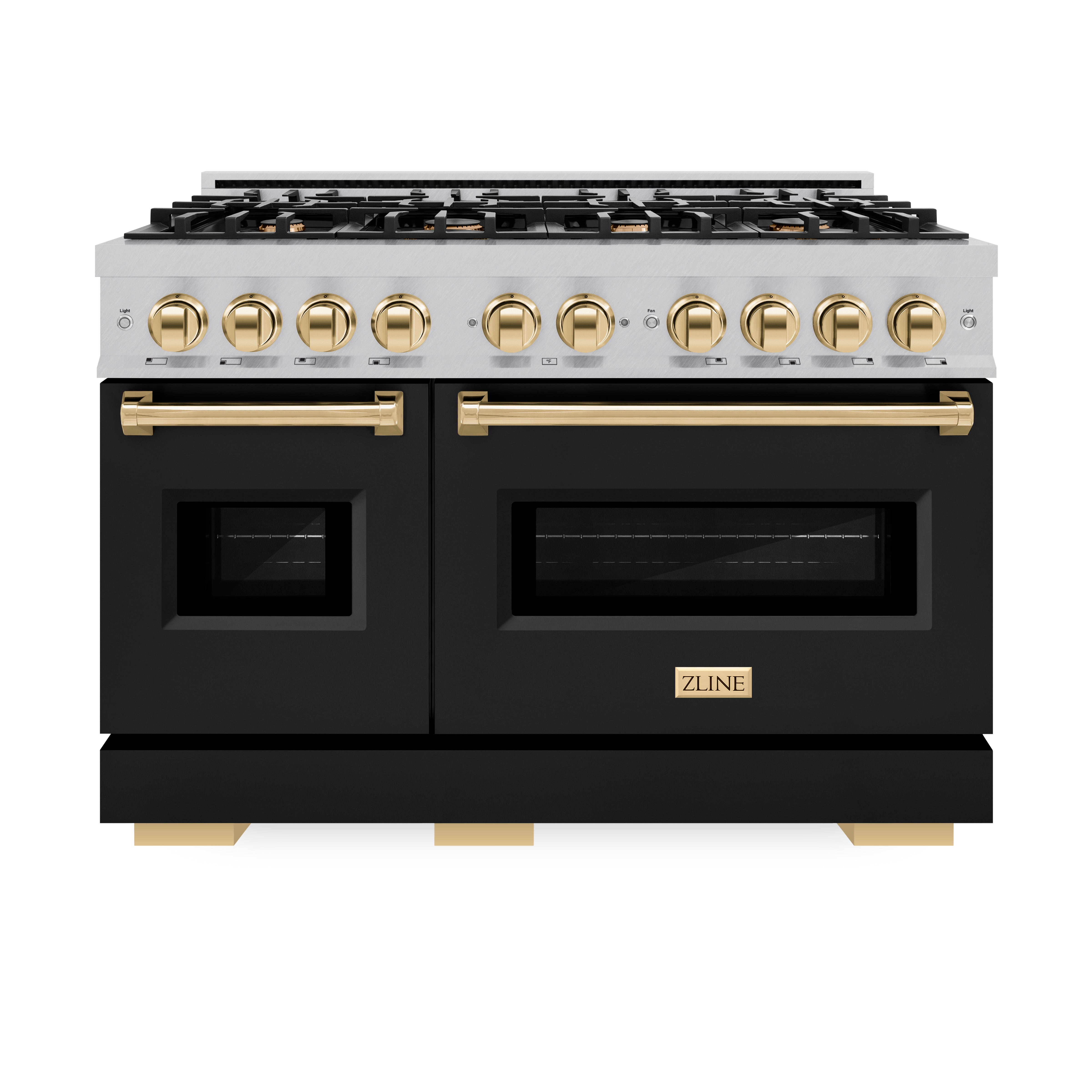 ZLINE Autograph Edition 48 in. 6.7 cu. ft. Classic Double Oven Dual Fuel Range with 8 Burner Gas Cooktop in Satin Stainless Steel with Black Matte Doors and Polished Gold Accents (CDRSZ-BLM-48-G)
