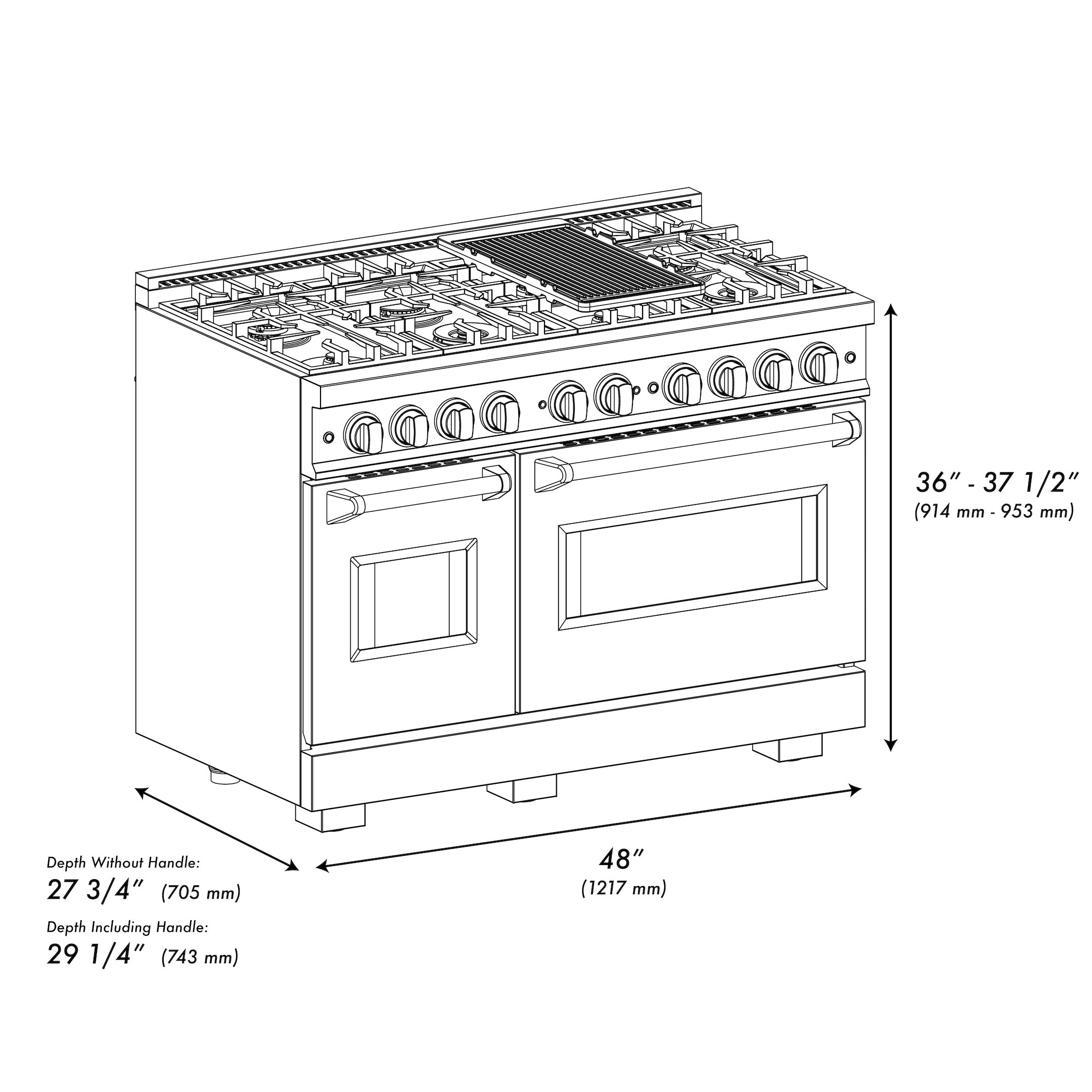ZLINE Autograph Edition 48 in. 6.7 cu. ft. Classic Double Oven Gas Range with 8 Burner Cooktop in Satin Stainless Steel with Black Matte Doors and Polished Gold Accents (CGRSZ-BLM-48-G)