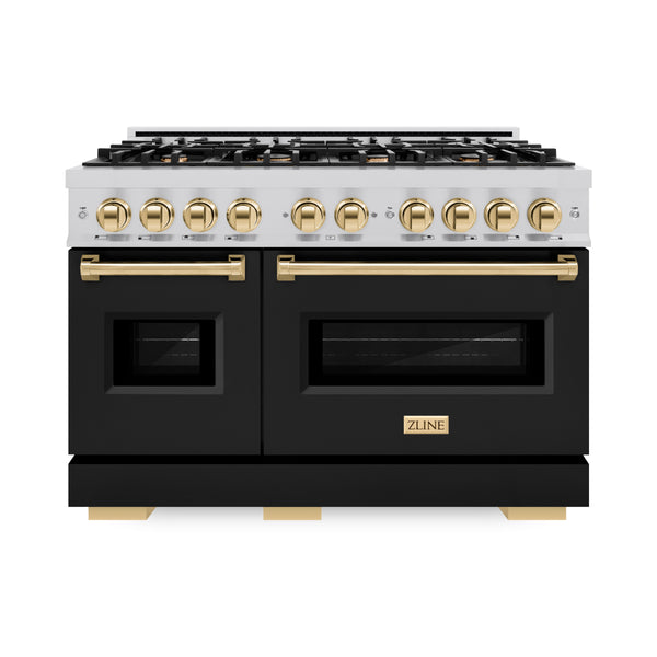 ZLINE Autograph Edition 48 in. 6.7 cu. ft. Classic Double Oven Dual Fuel Range with 8 Burner Gas Cooktop in Stainless Steel with Black Matte Doors and Polished Gold Accents (CDRZ-BLM-48-G)