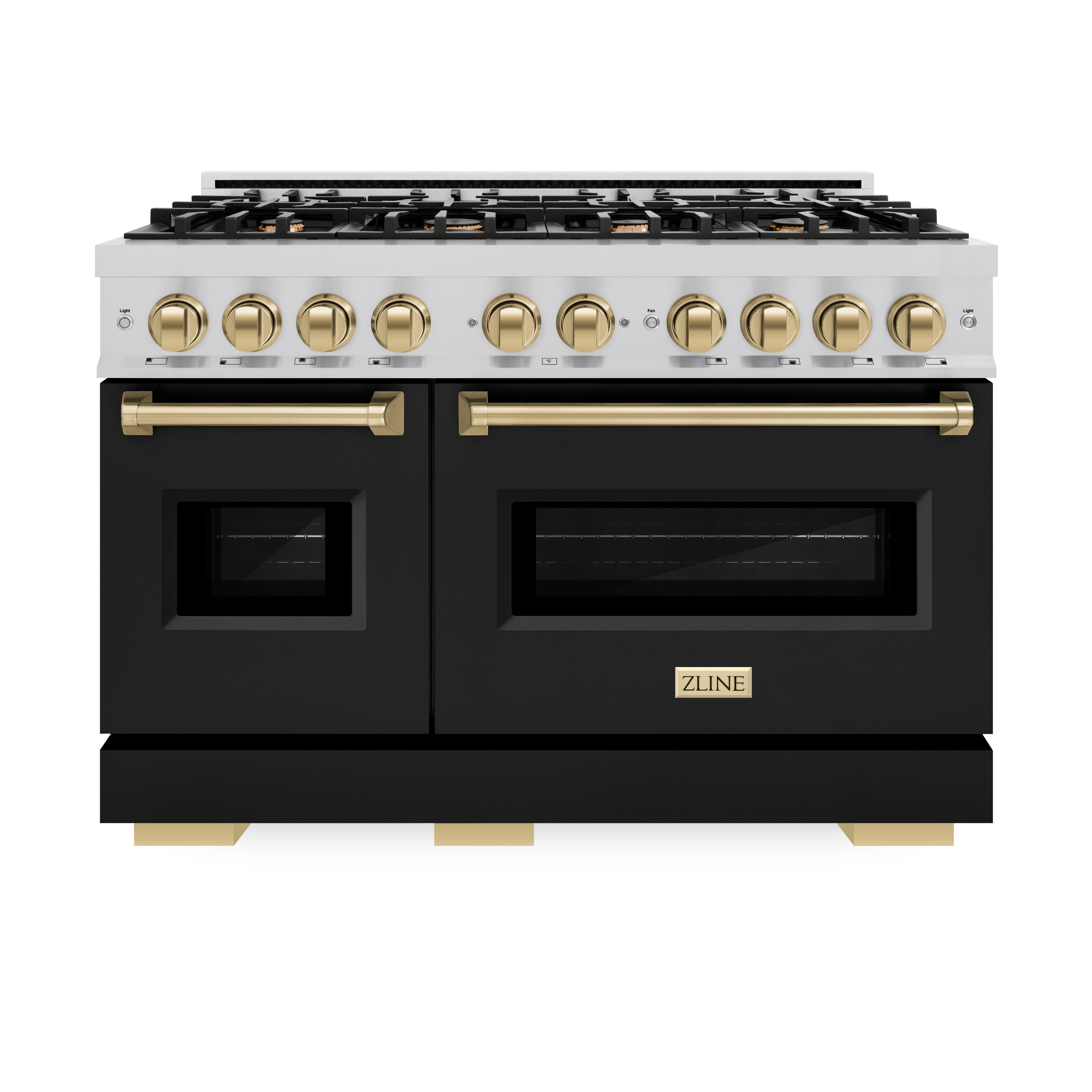 ZLINE Autograph Edition 48 in. 6.7 cu. ft. Classic Double Oven Gas Range with 8 Burner Cooktop in Stainless Steel with Black Matte Doors and Champagne Bronze Accents (CGRZ-BLM-48-CB)
