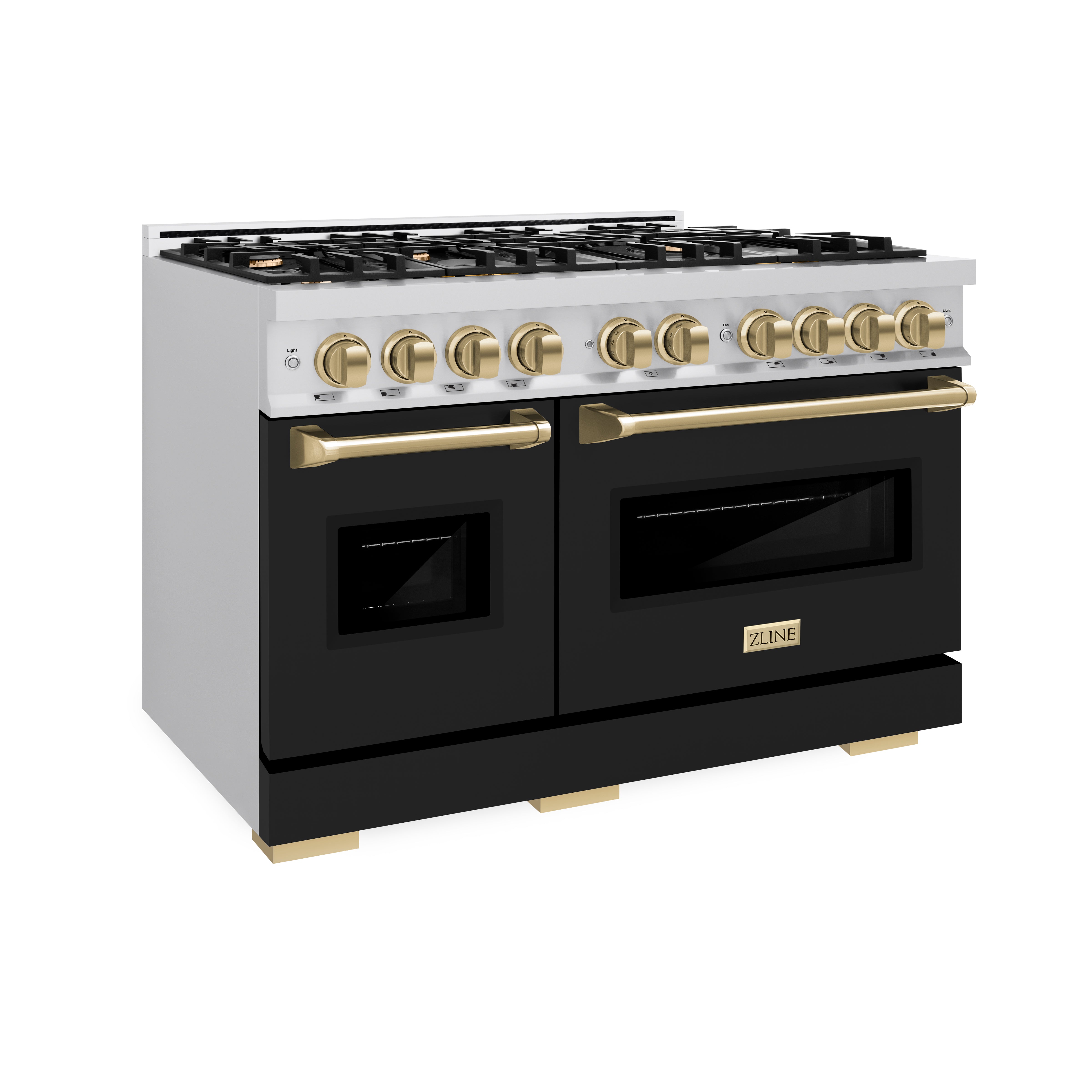 ZLINE Autograph Edition 48 in. 6.7 cu. ft. Classic Double Oven Gas Range with 8 Burner Cooktop in Stainless Steel with Black Matte Doors and Champagne Bronze Accents (CGRZ-BLM-48-CB)
