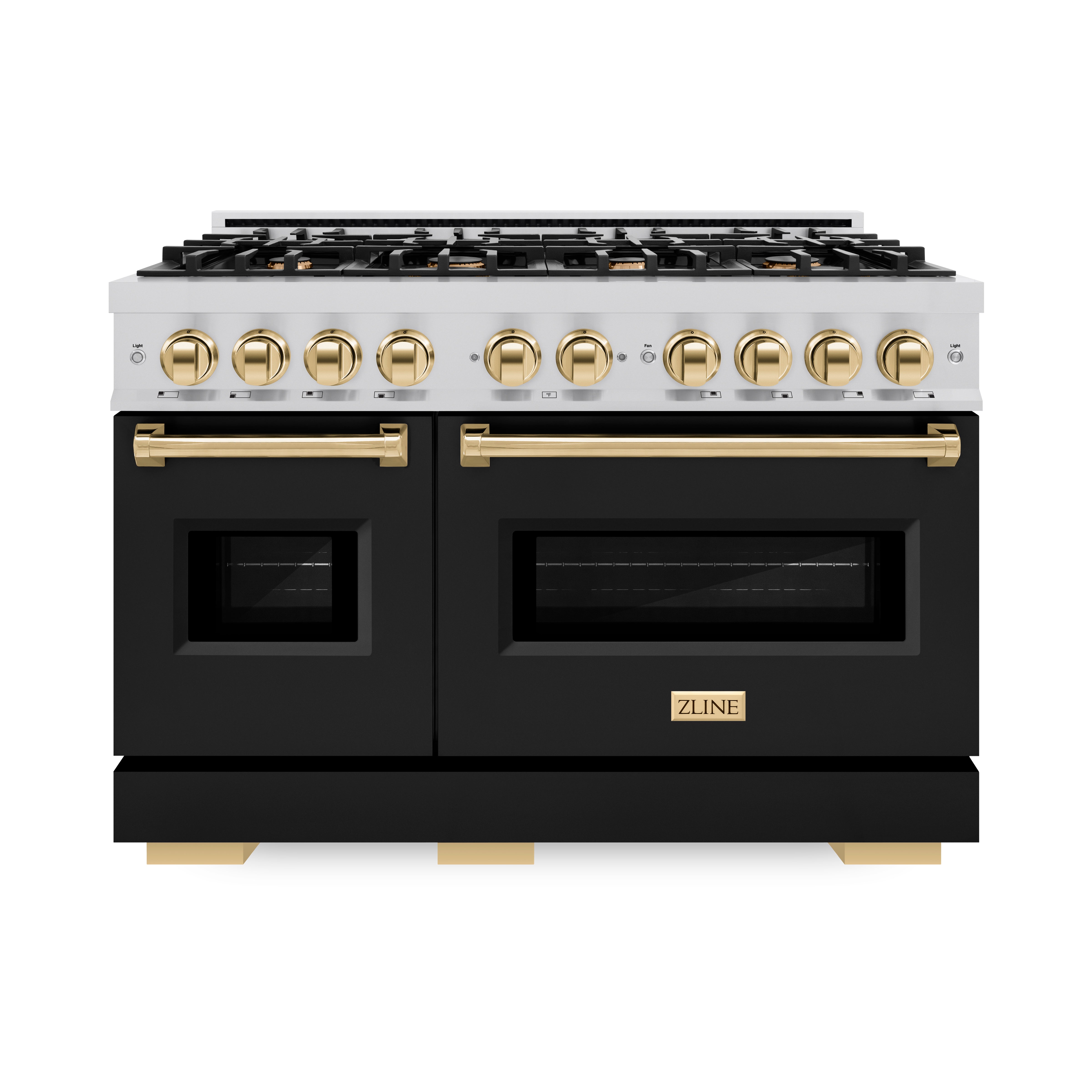 ZLINE Autograph Edition 48 in. 6.7 cu. ft. Classic Double Oven Gas Range with 8 Burner Cooktop in Stainless Steel with Black Matte Doors and Polished Gold Accents (CGRZ-BLM-48-G)