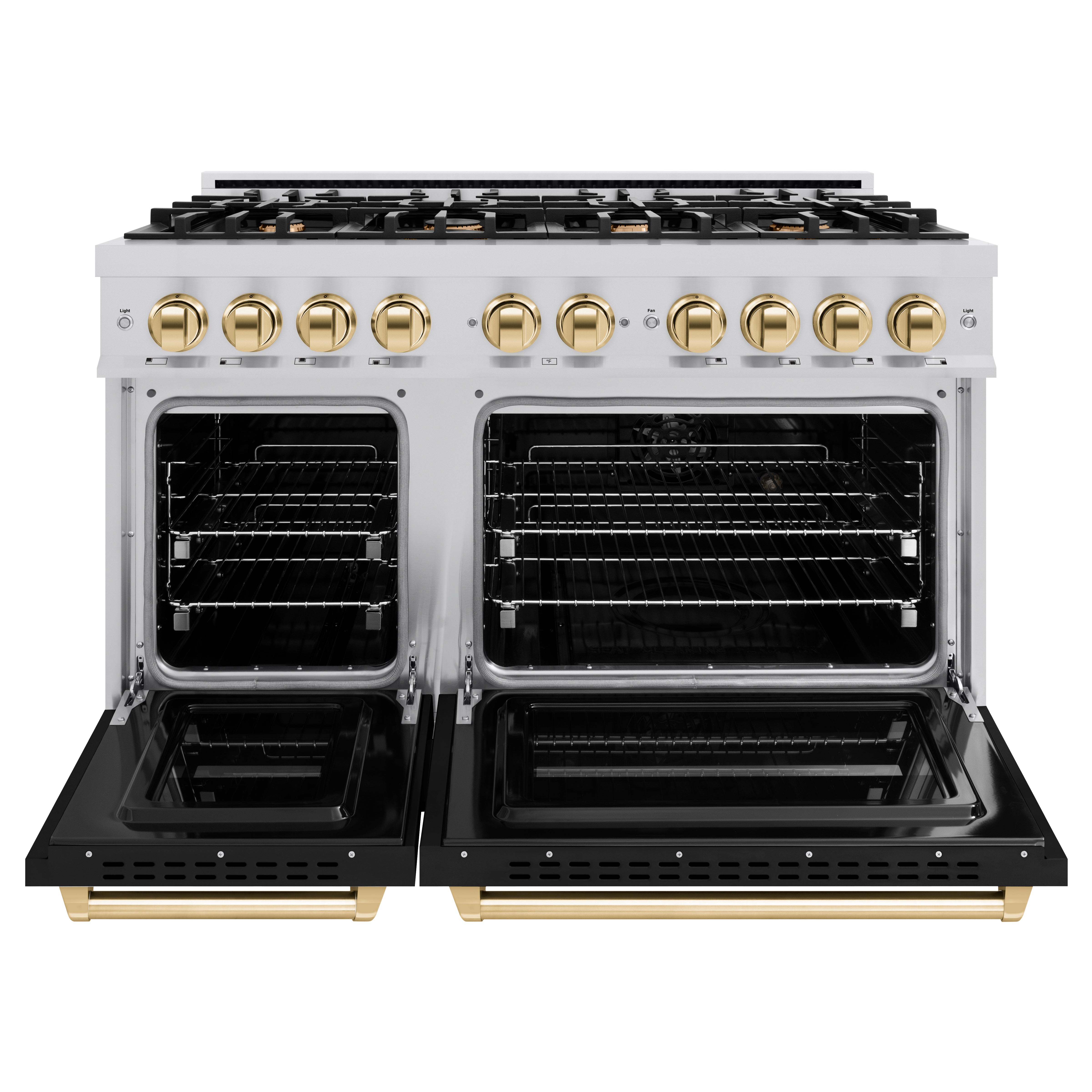 ZLINE Autograph Edition 48 in. 6.7 cu. ft. Classic Double Oven Gas Range with 8 Burner Cooktop in Stainless Steel with Black Matte Doors and Polished Gold Accents (CGRZ-BLM-48-G)