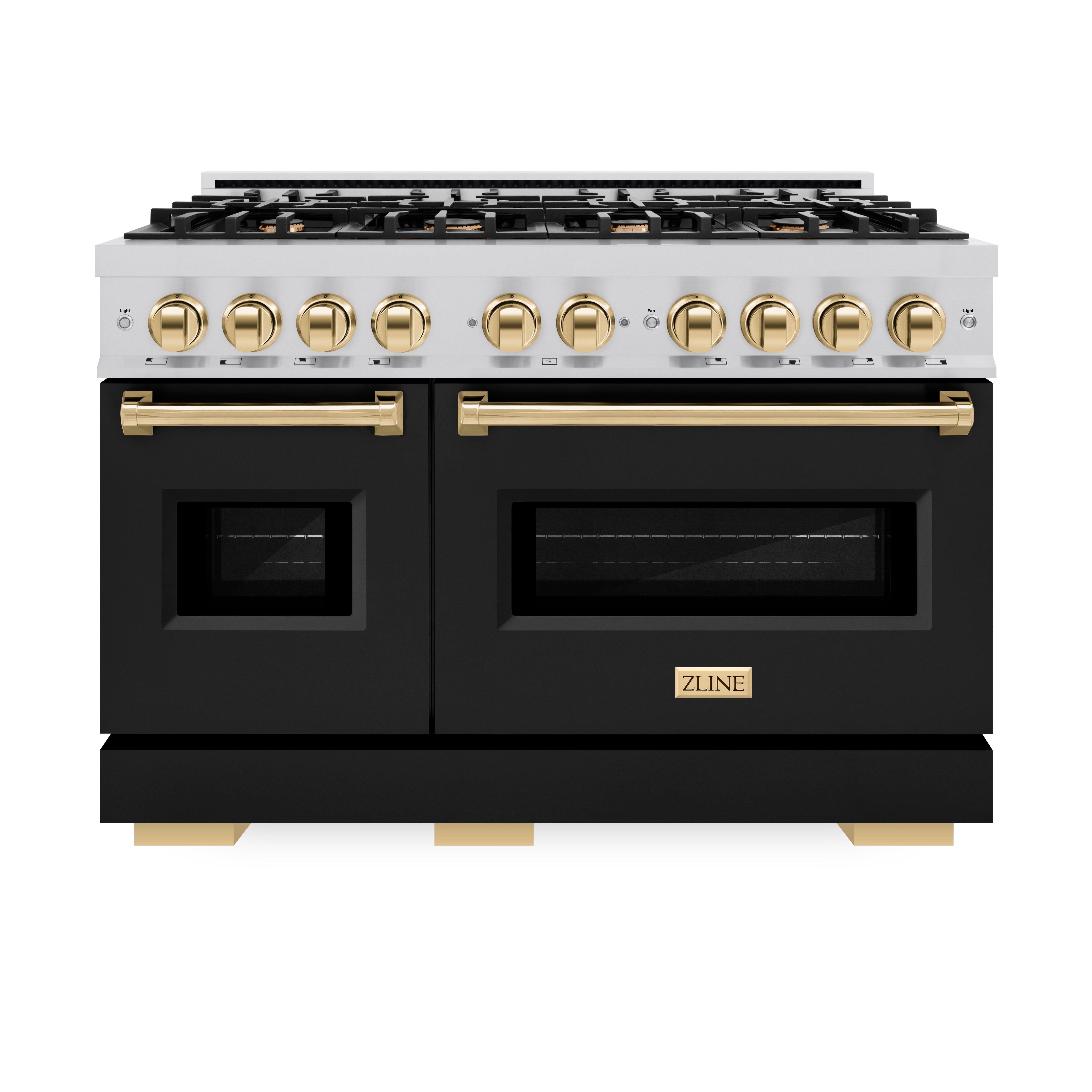 ZLINE Autograph Edition 48 in. 6.7 cu. ft. Classic Double Oven Gas Range with 8 Burner Cooktop in Stainless Steel with Black Matte Doors and Polished Gold Accents (CGRZ-BLM-48-G)