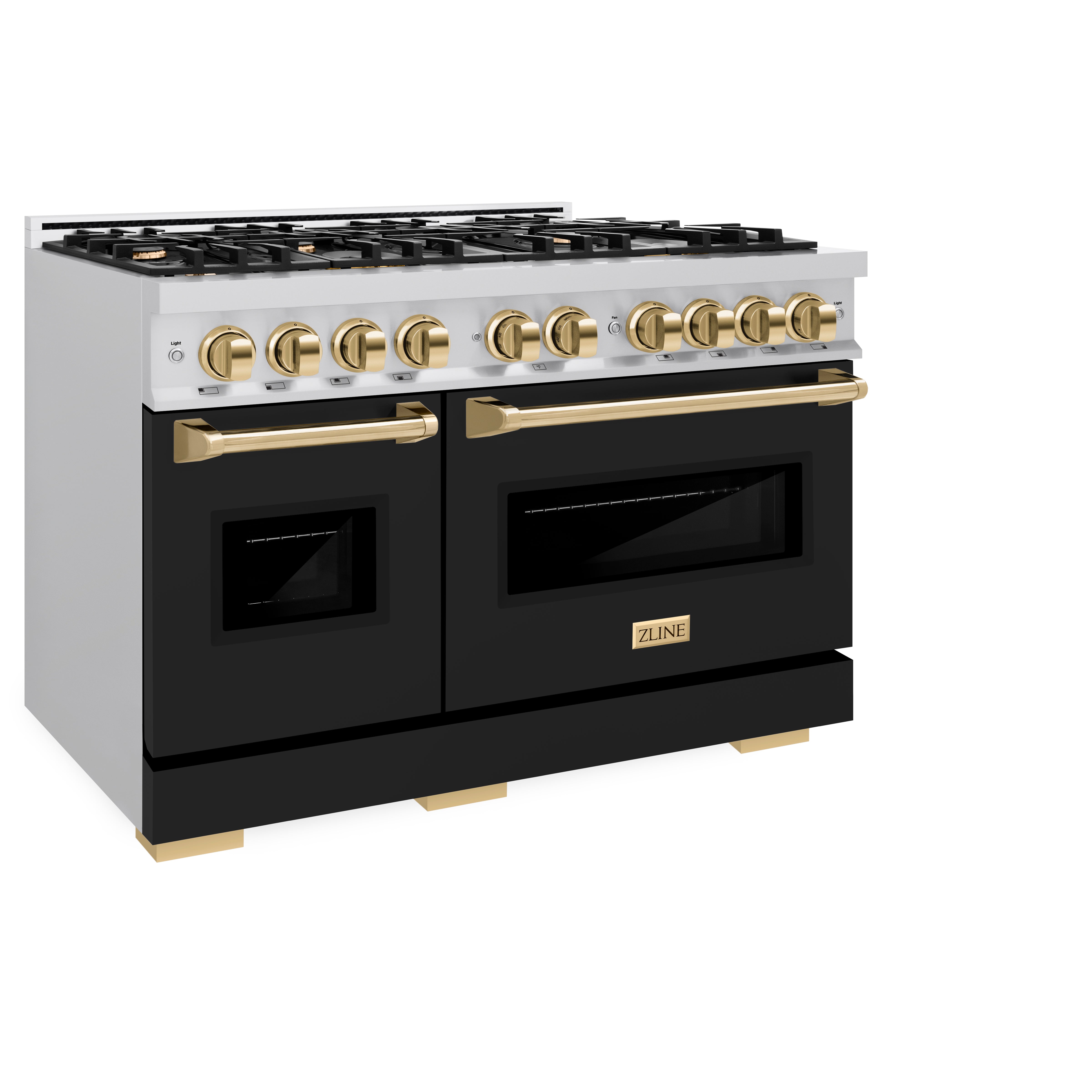 ZLINE Autograph Edition 48 in. 6.7 cu. ft. Classic Double Oven Gas Range with 8 Burner Cooktop in Stainless Steel with Black Matte Doors and Polished Gold Accents (CGRZ-BLM-48-G)