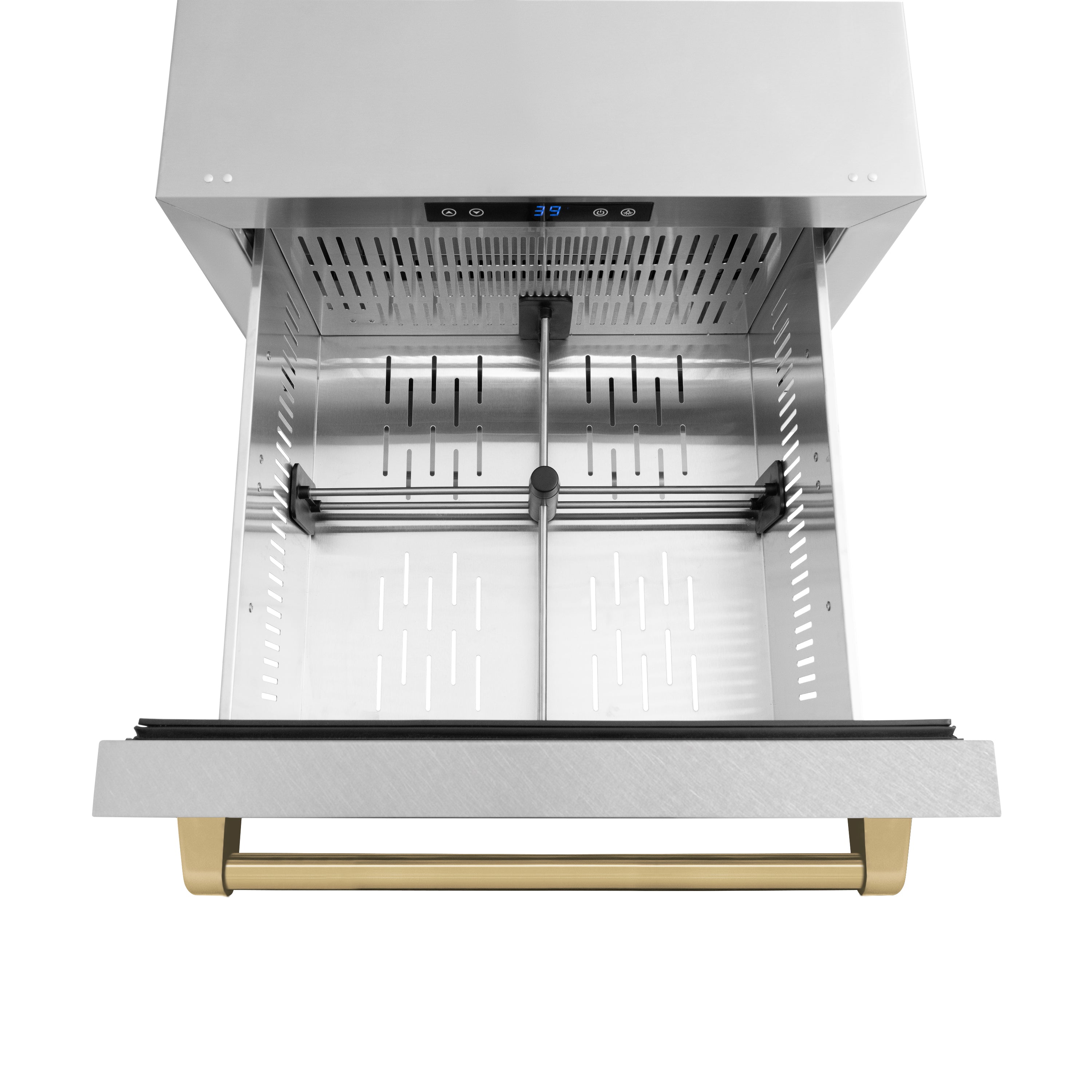 ZLINE Autograph Edition 24 in. Touchstone 168 Can Outdoor-Rated Dual Refrigerator Drawer with Satin Stainless Steel Doors and Champagne Bronze Handles (RDSOZ-SN-24-CB)