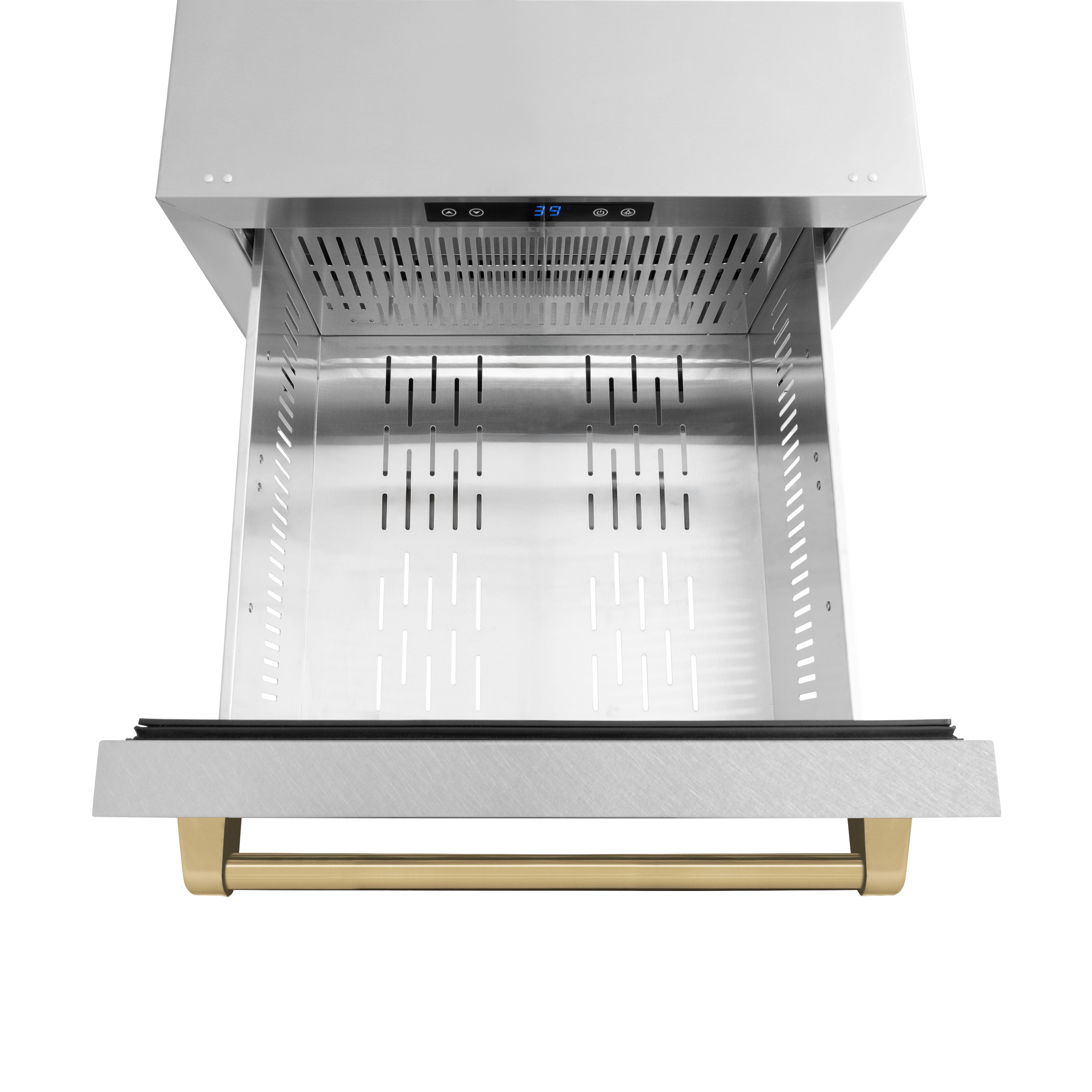 ZLINE Autograph Edition 24 in. Touchstone 168 Can Outdoor-Rated Dual Refrigerator Drawer with Satin Stainless Steel Doors and Champagne Bronze Handles (RDSOZ-SN-24-CB)