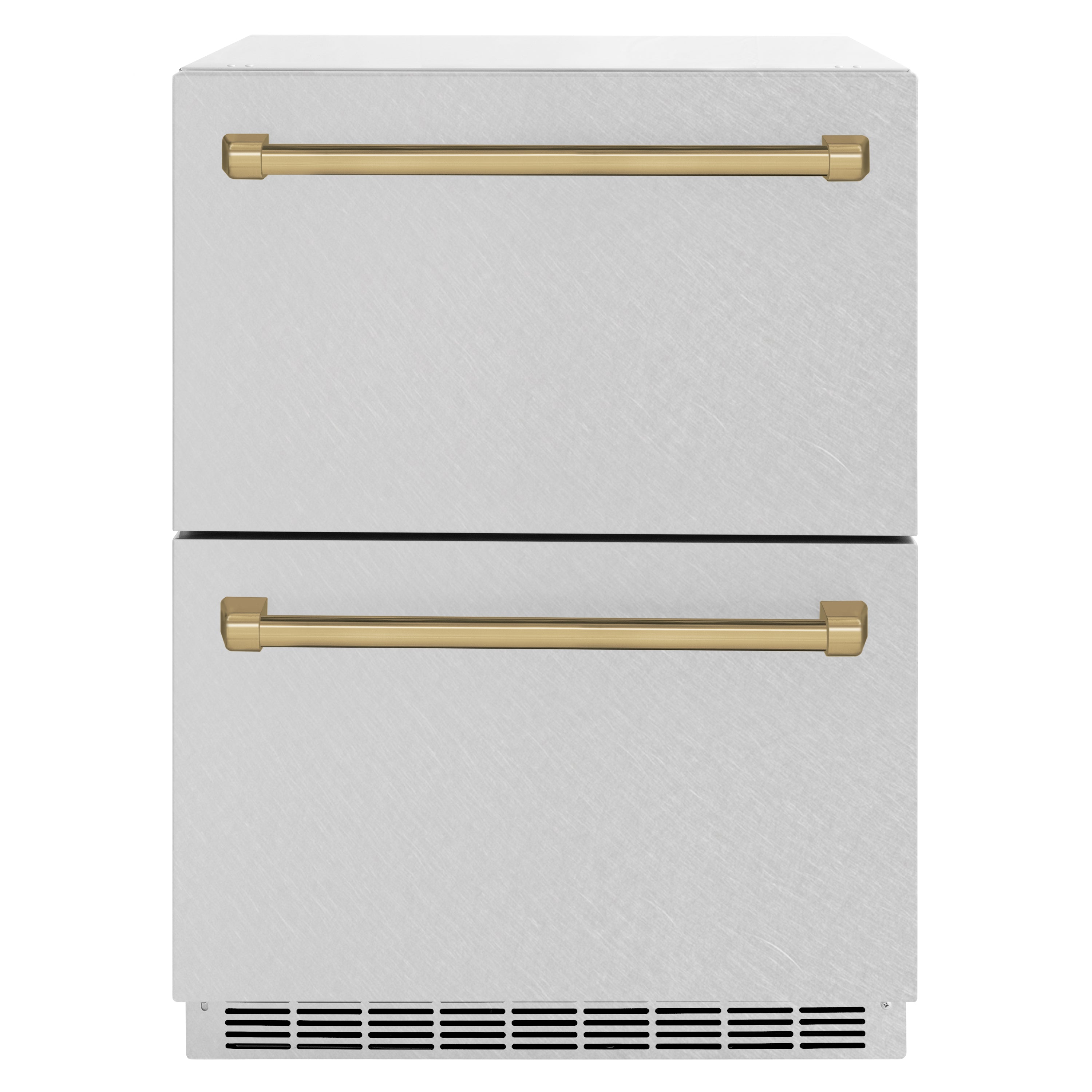 ZLINE Autograph Edition 24 in. Touchstone 168 Can Outdoor-Rated Dual Refrigerator Drawer with Satin Stainless Steel Doors and Champagne Bronze Handles (RDSOZ-SN-24-CB)