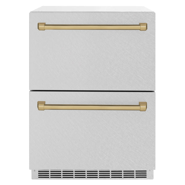ZLINE Autograph Edition 24 in. Touchstone 168 Can Outdoor-Rated Dual Refrigerator Drawer with Satin Stainless Steel Doors and Champagne Bronze Handles (RDSOZ-SN-24-CB)