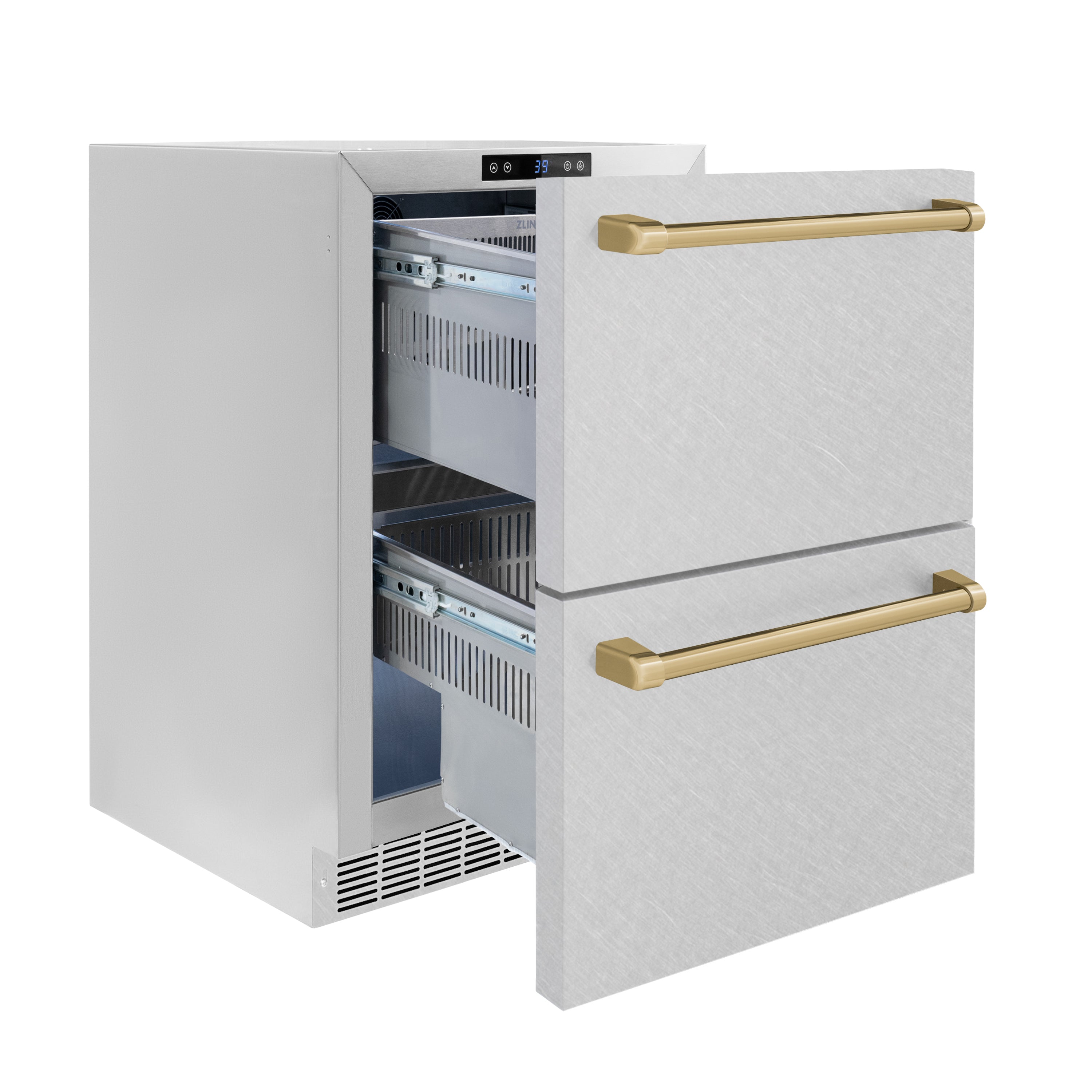 ZLINE Autograph Edition 24 in. Touchstone 168 Can Outdoor-Rated Dual Refrigerator Drawer with Satin Stainless Steel Doors and Champagne Bronze Handles (RDSOZ-SN-24-CB)