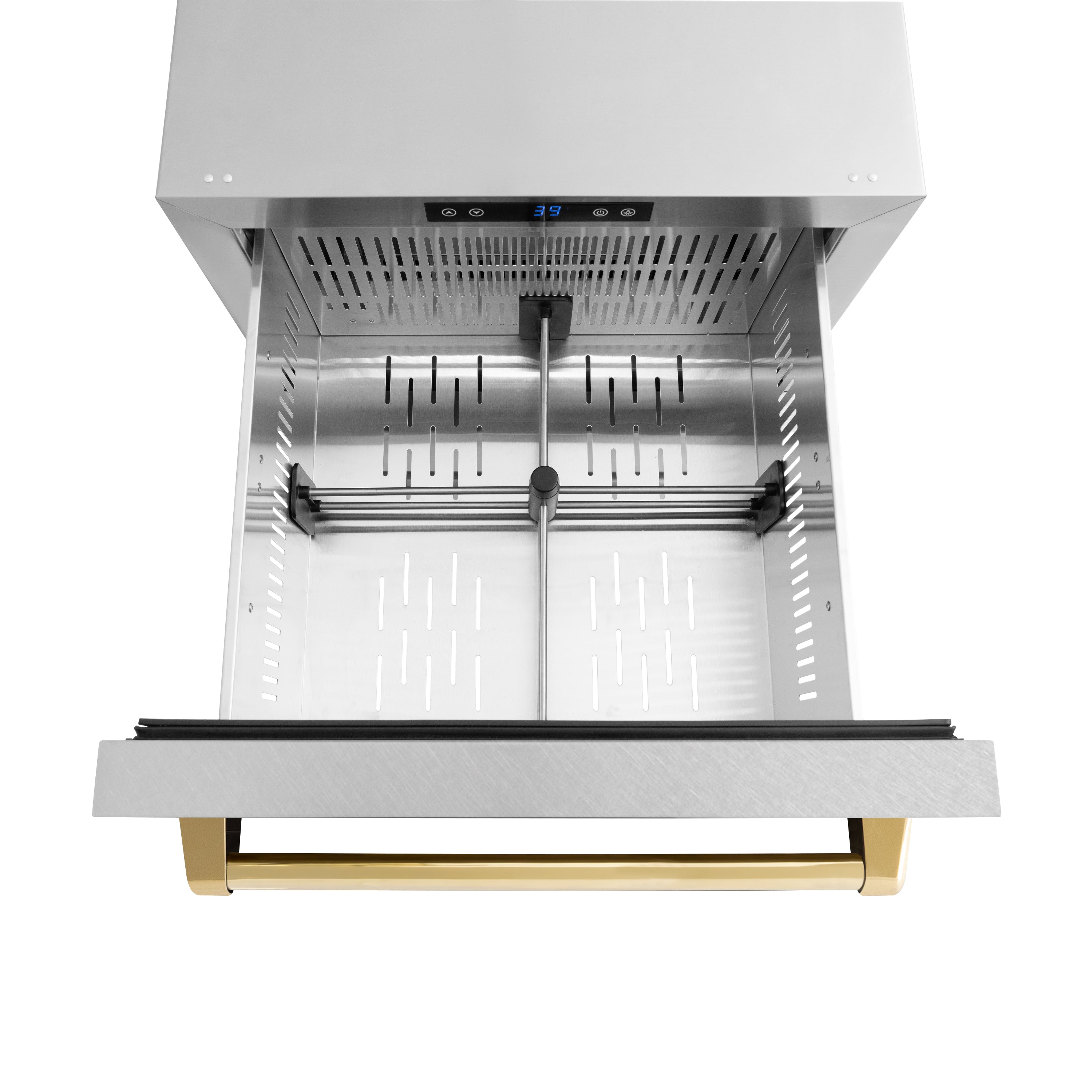 ZLINE Autograph Edition 24 in. Touchstone 168 Can Outdoor-Rated Dual Refrigerator Drawer with Satin Stainless Steel Doors and Polished Gold Handles (RDSOZ-SN-24-G)