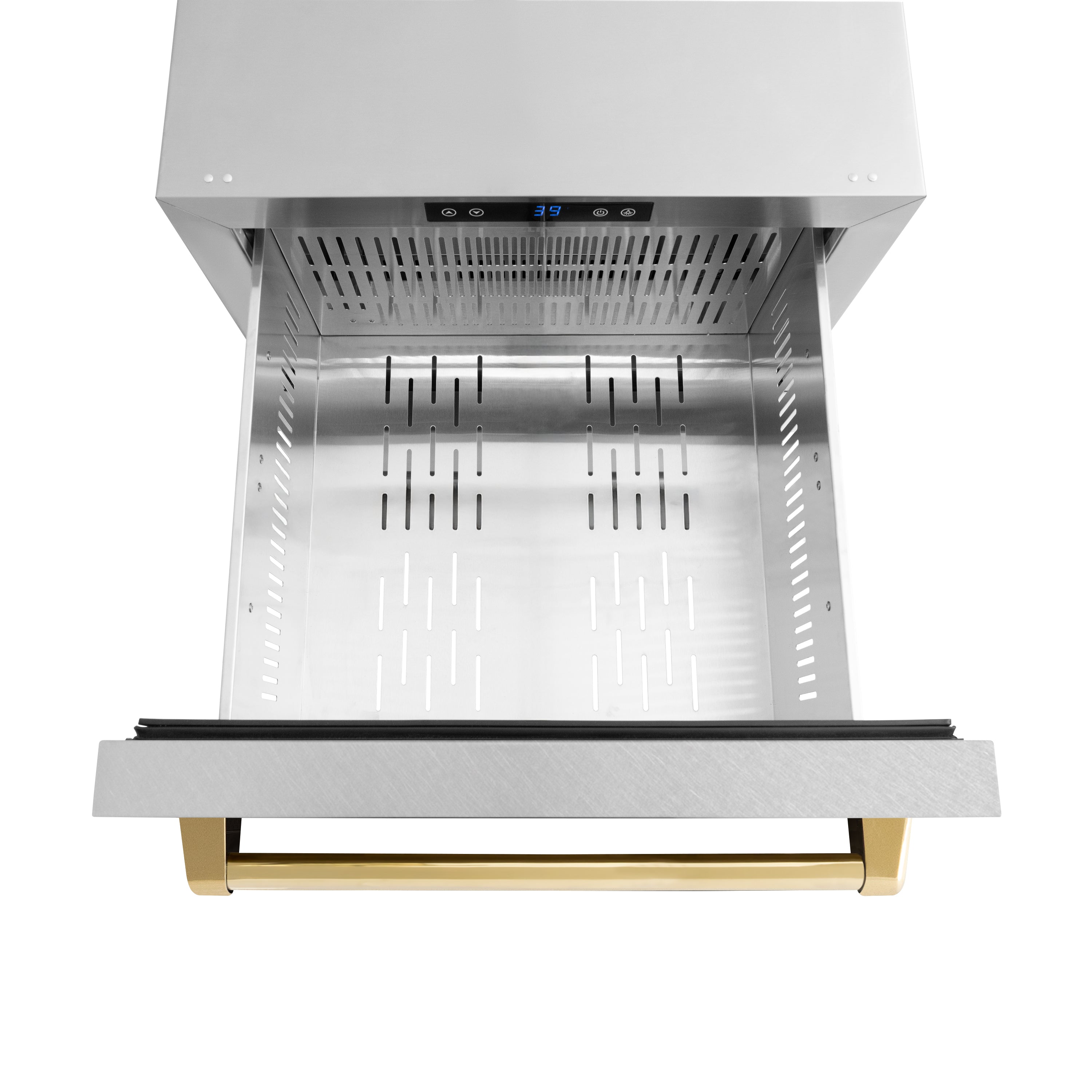 ZLINE Autograph Edition 24 in. Touchstone 168 Can Outdoor-Rated Dual Refrigerator Drawer with Satin Stainless Steel Doors and Polished Gold Handles (RDSOZ-SN-24-G)