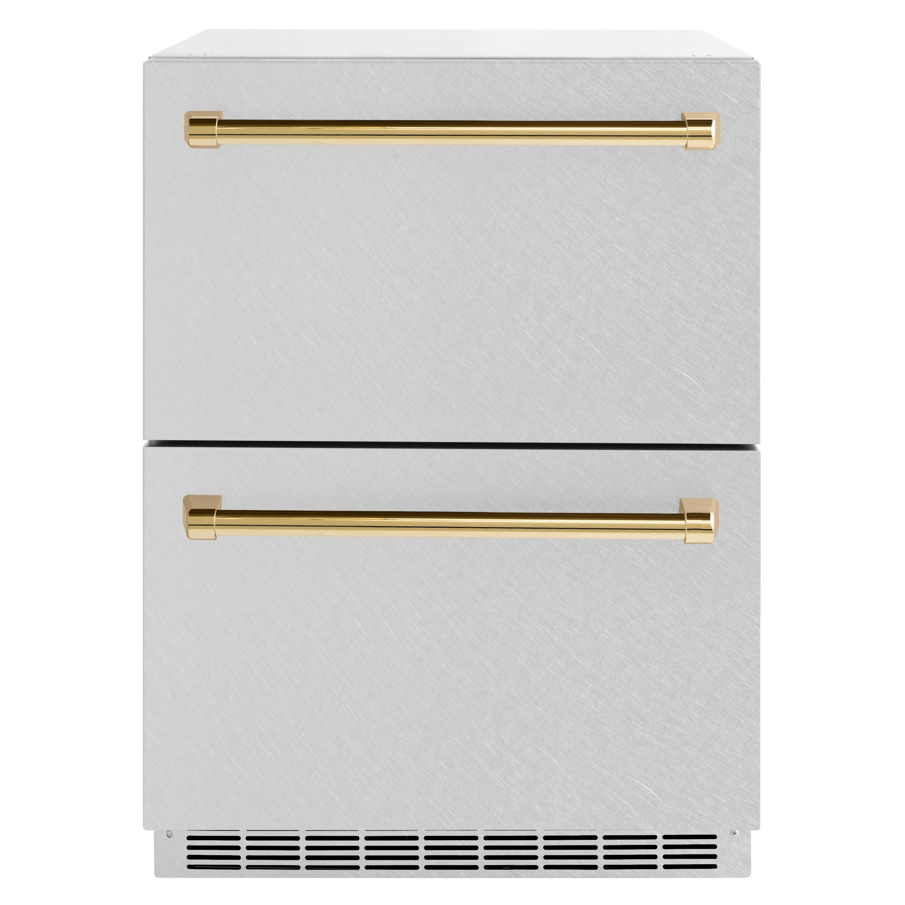 ZLINE Autograph Edition 24 in. Touchstone 168 Can Outdoor-Rated Dual Refrigerator Drawer with Satin Stainless Steel Doors and Polished Gold Handles (RDSOZ-SN-24-G)