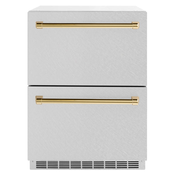 ZLINE Autograph Edition 24 in. Touchstone 168 Can Outdoor-Rated Dual Refrigerator Drawer with Satin Stainless Steel Doors and Polished Gold Handles (RDSOZ-SN-24-G)