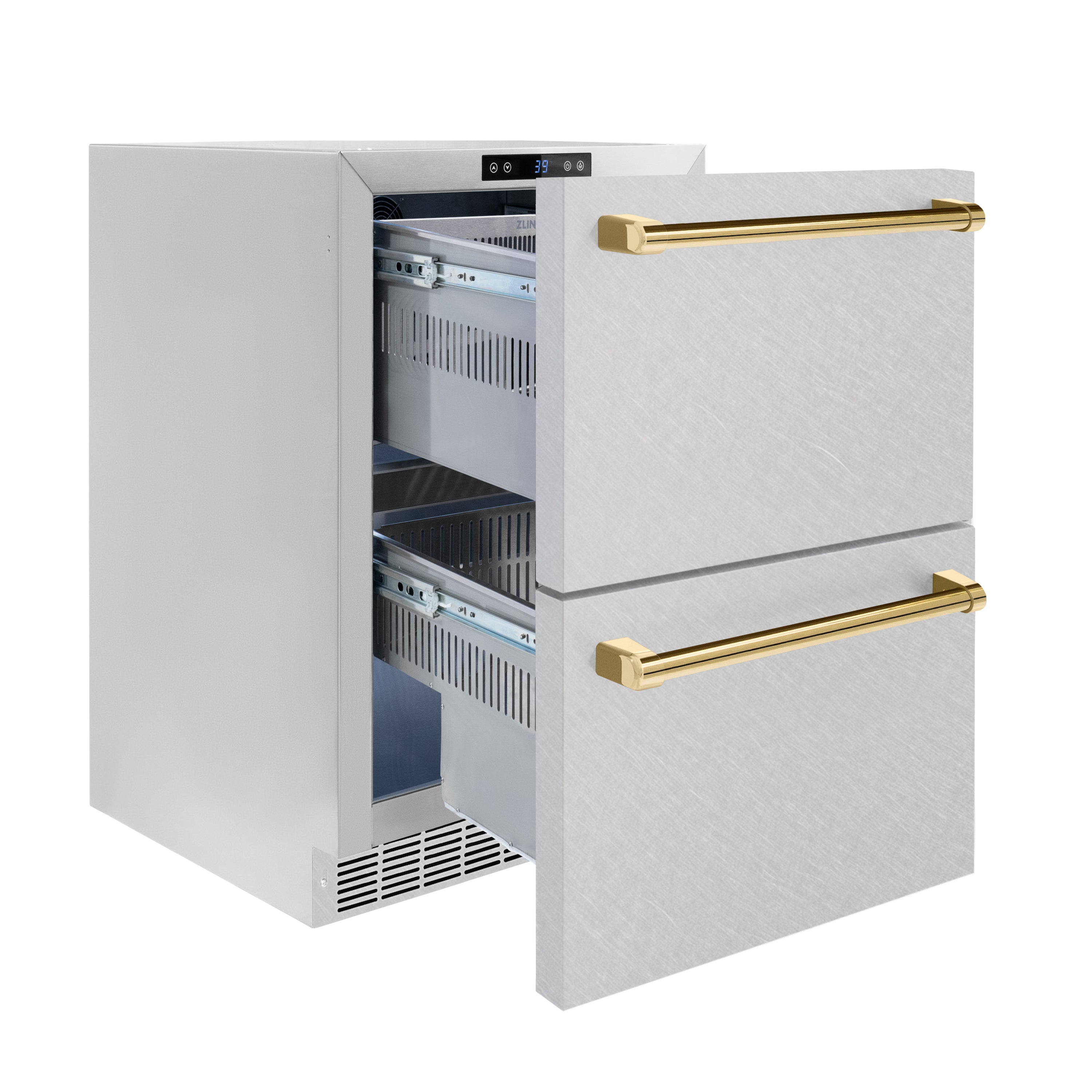 ZLINE Autograph Edition 24 in. Touchstone 168 Can Outdoor-Rated Dual Refrigerator Drawer with Satin Stainless Steel Doors and Polished Gold Handles (RDSOZ-SN-24-G)