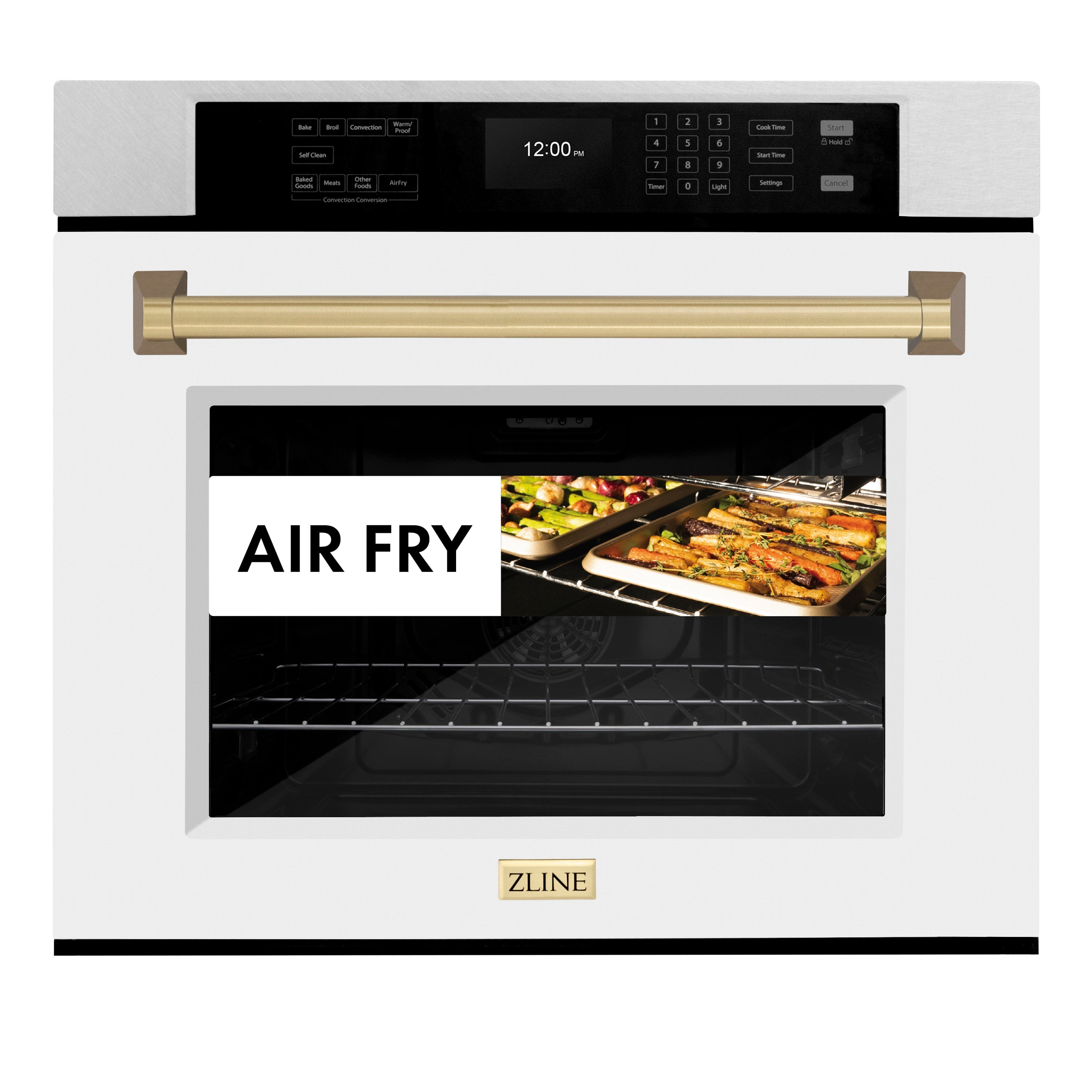 ZLINE 30 in. Autograph Edition Professional True Convection Single Wall Oven with Air Fry and Self Clean in Satin Stainless Steel with White Matte Door and Champagne Bronze Handle (WASSZ-WM-30-CB)