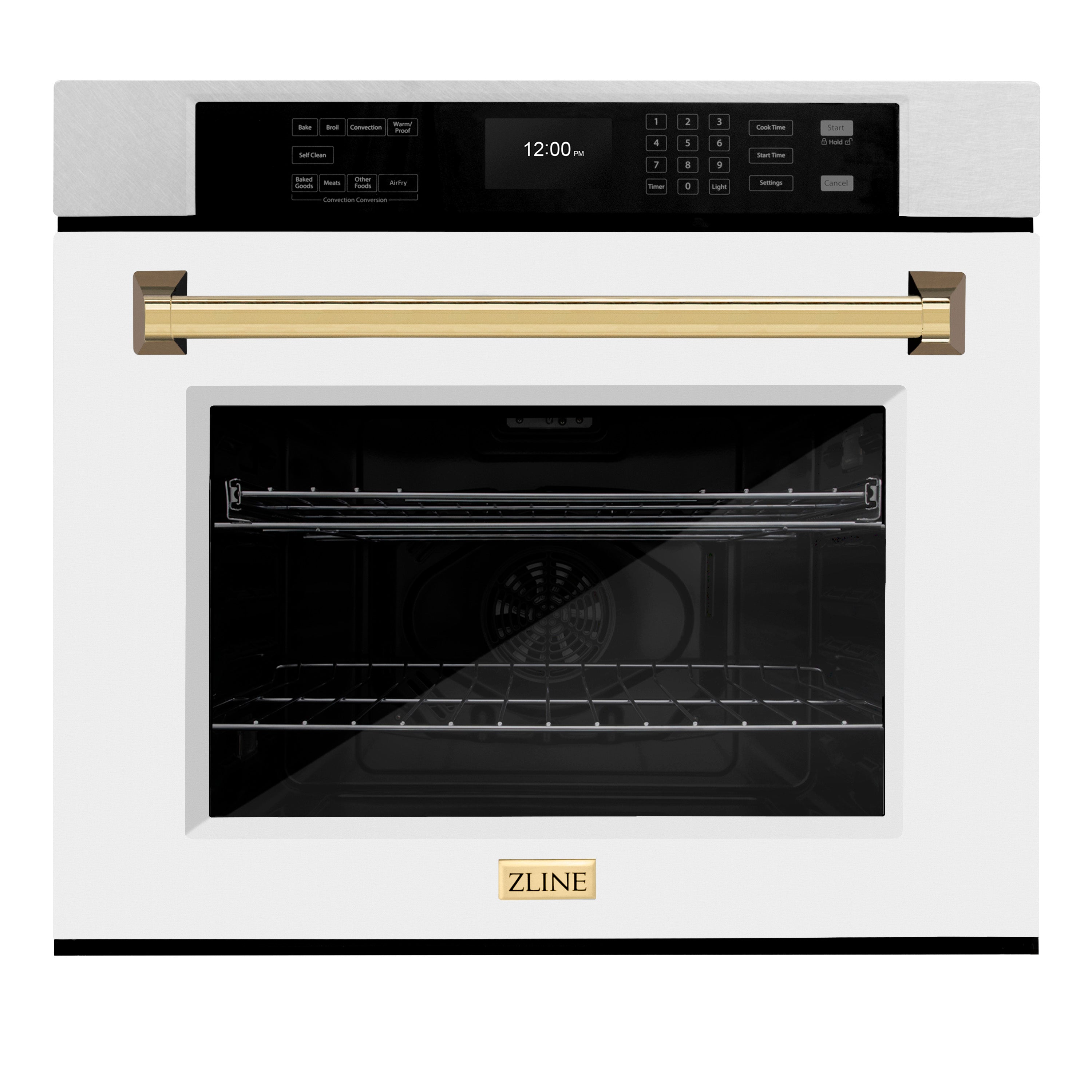 ZLINE 30 in. Autograph Edition Professional True Convection Single Wall Oven with Air Fry and Self Clean in Satin Stainless Steel with White Matte Door and Polished Gold Handle (WASSZ-WM-30-G)