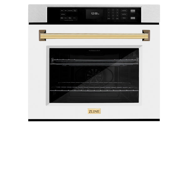 ZLINE 30 in. Autograph Edition Professional True Convection Single Wall Oven with Air Fry and Self Clean in Satin Stainless Steel with White Matte Door and Polished Gold Handle (WASSZ-WM-30-G)