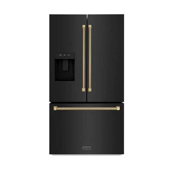 ZLINE Autograph Edition 36 in. 28.9 cu. ft. Standard-Depth French Door External Water Dispenser Refrigerator with Dual Ice Maker in Fingerprint-Resistant Black Stainless Steel and Champagne Bronze Helix Handles (RSMZ-W36-BS-KCB)