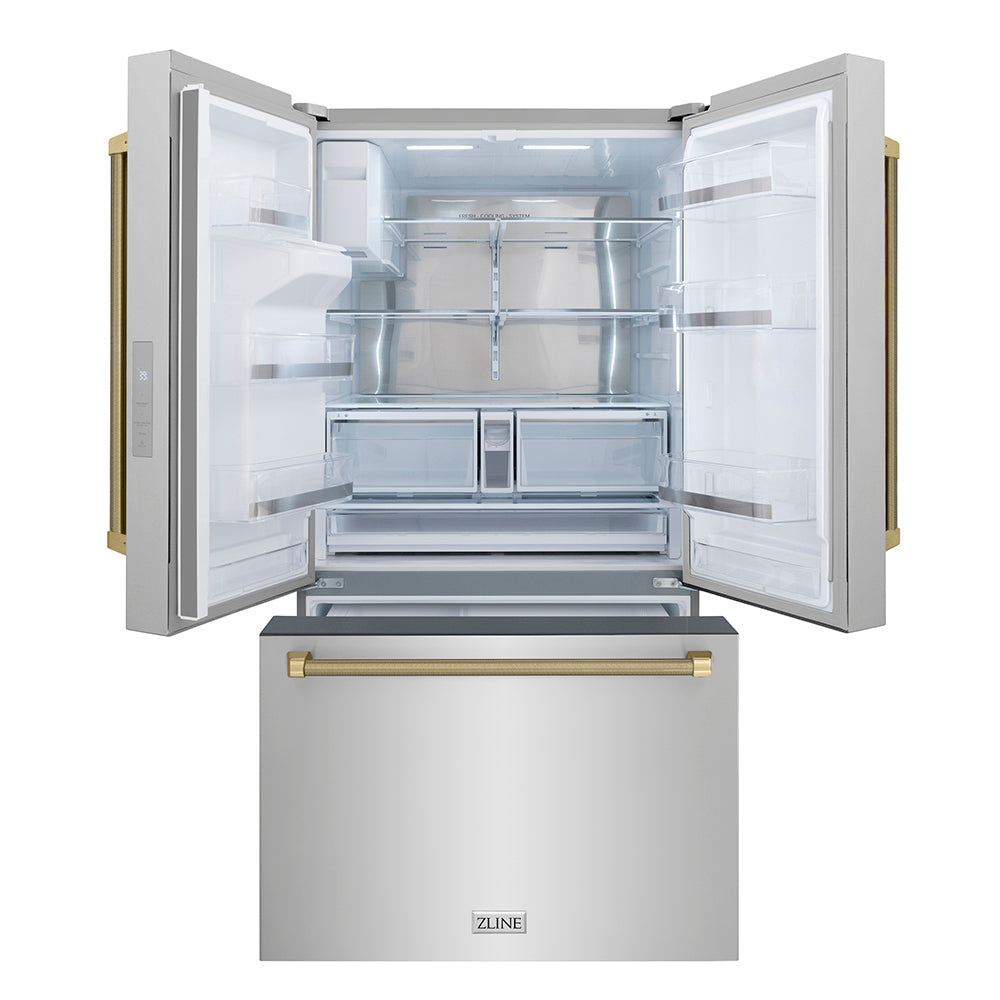 ZLINE Autograph Edition 36 in. 28.9 cu. ft. Standard-Depth French Door External Water Dispenser Refrigerator with Dual Ice Maker in Fingerprint-Resistant Stainless Steel and Champagne Bronze Helix Handles (RSMZ-W-36-KCB)
