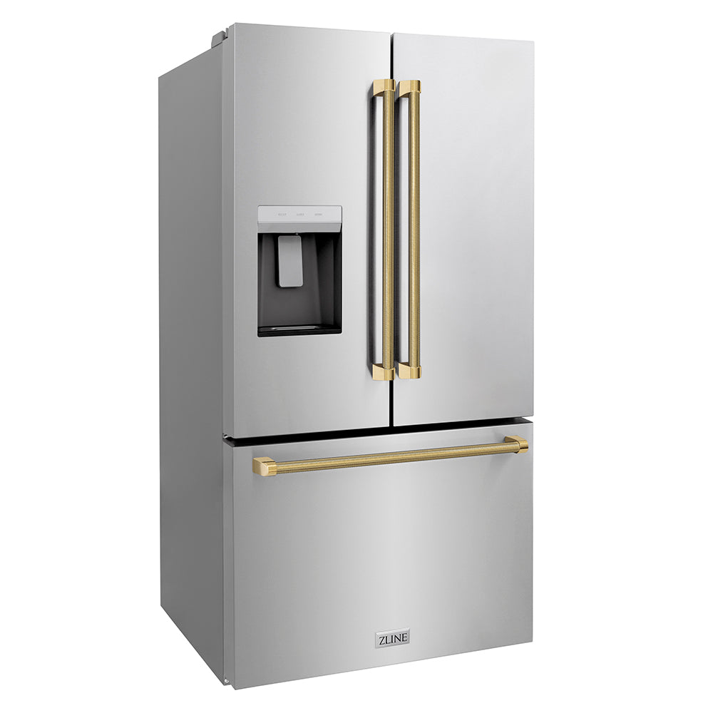 ZLINE Autograph Edition 36 in. 28.9 cu. ft. Standard-Depth French Door External Water Dispenser Refrigerator with Dual Ice Maker in Fingerprint-Resistant Stainless Steel and Polished Gold Helix Handles (RSMZ-W-36-KG)