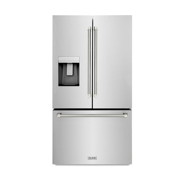 ZLINE Autograph Edition 36 in. 28.9 cu. ft. Standard-Depth French Door External Water Dispenser Refrigerator with Dual Ice Maker in Fingerprint-Resistant Stainless Steel and Polished Nickel Helix Handles (RSMZ-W-36-KPN)