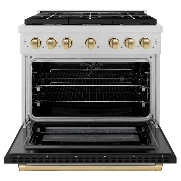 ZLINE Autograph Edition 36 in. 5.2 cu. ft. Paramount Dual Fuel Range with 6 Burner Gas Cooktop and Electric Convection Oven in DuraSnow® Stainless Steel with Black Matte Door and Accents(SDRSZ-BLM-36)