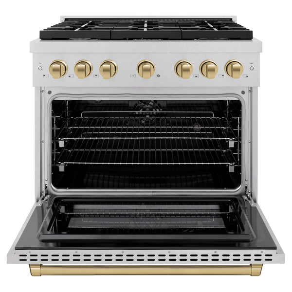 ZLINE Autograph Edition 36 in. 5.2 cu. ft. Paramount Dual Fuel Range with 6 Burner Gas Cooktop and Electric Convection Oven in DuraSnow® Stainless Steel with Accents