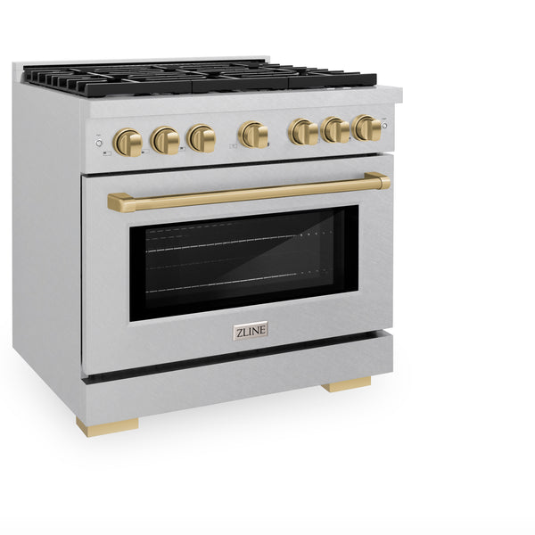 ZLINE Autograph Edition 36 in. 5.2 cu. ft. Paramount Dual Fuel Range with 6 Burner Gas Cooktop and Electric Convection Oven in DuraSnow® Stainless Steel with Accents